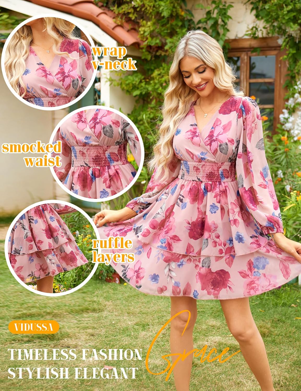 VIDUSSA Women's Floral Print V-Neck Mini Dress Chiffon Long Sleeve Ruffle Layer Skater Swing Flowy Wrap Smocked Short Dresses - Image 3
