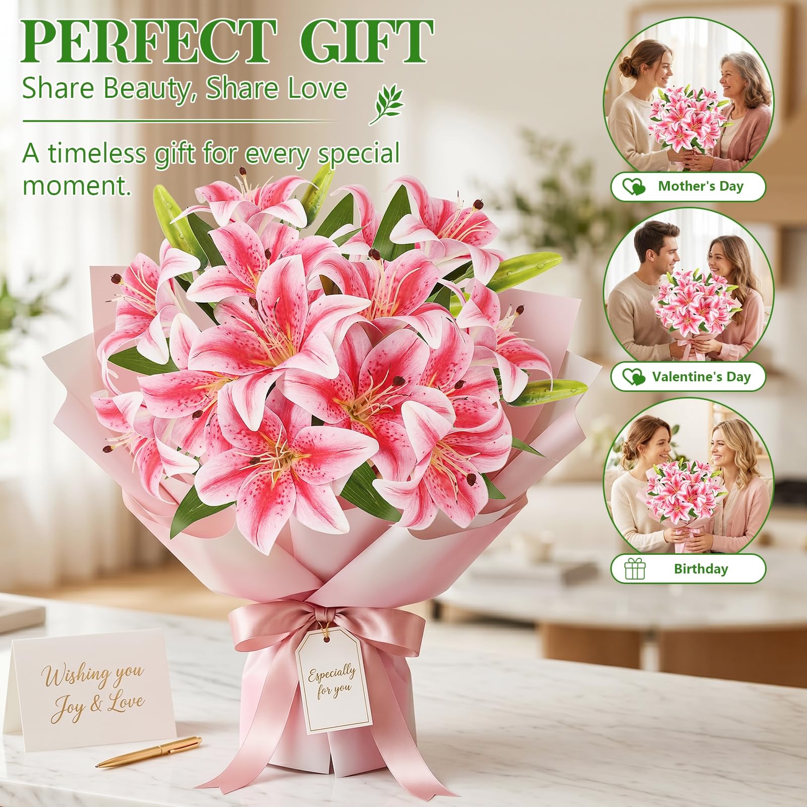 TYL&TYS 6PCS Artificial Lilies Flower Set, 3D Printing Realistic Fake Lilies with 12 Heads and 6 Buds - Image 7