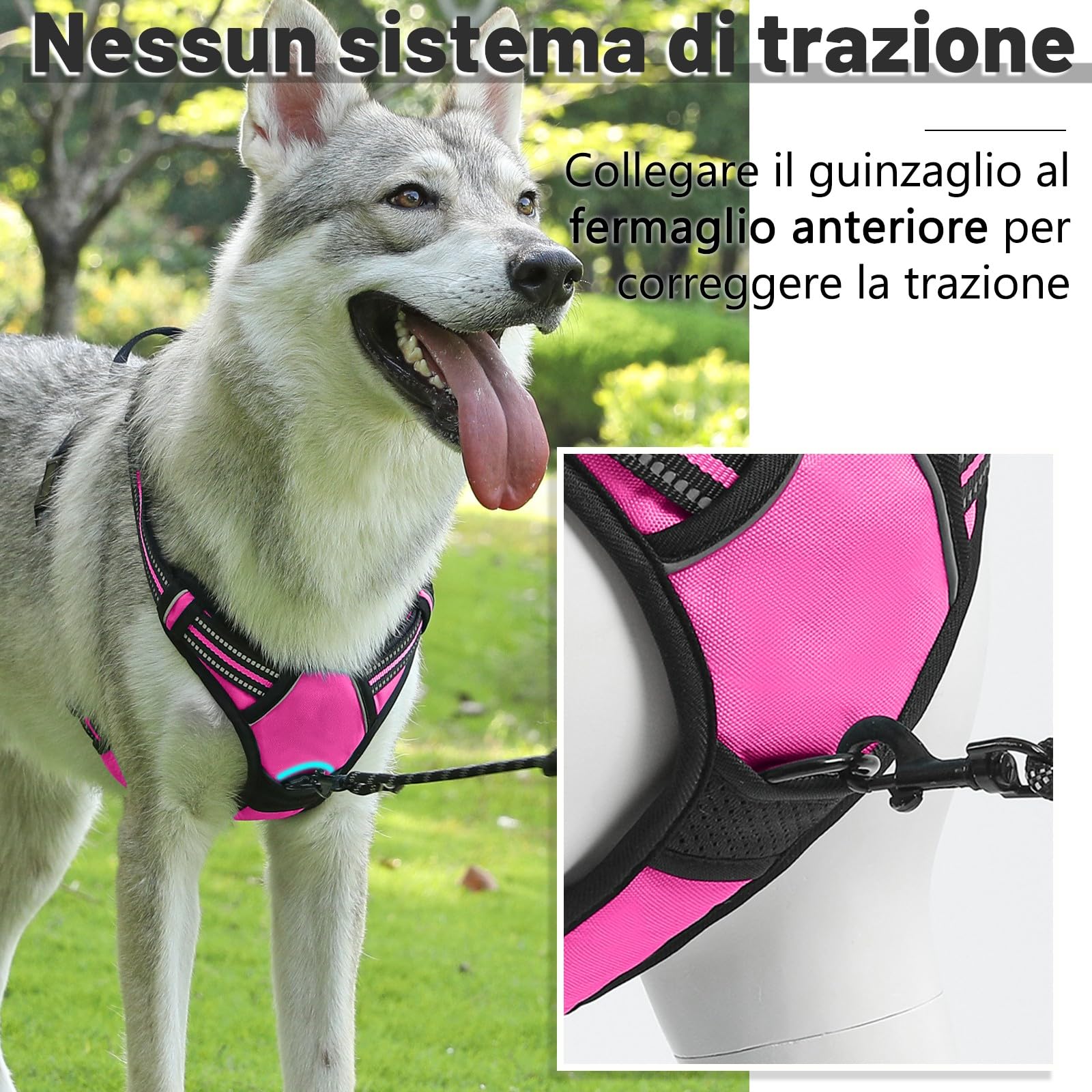 COMSLE Pettorina Cane Taglia Grande Media Piccola, Pettorina per Cani Anti Tiro Riflettente, Imbracatura Regolabile Cani con 2 Ganci in Metallo per Addestramento Corsa (Rosa Rosso, S)