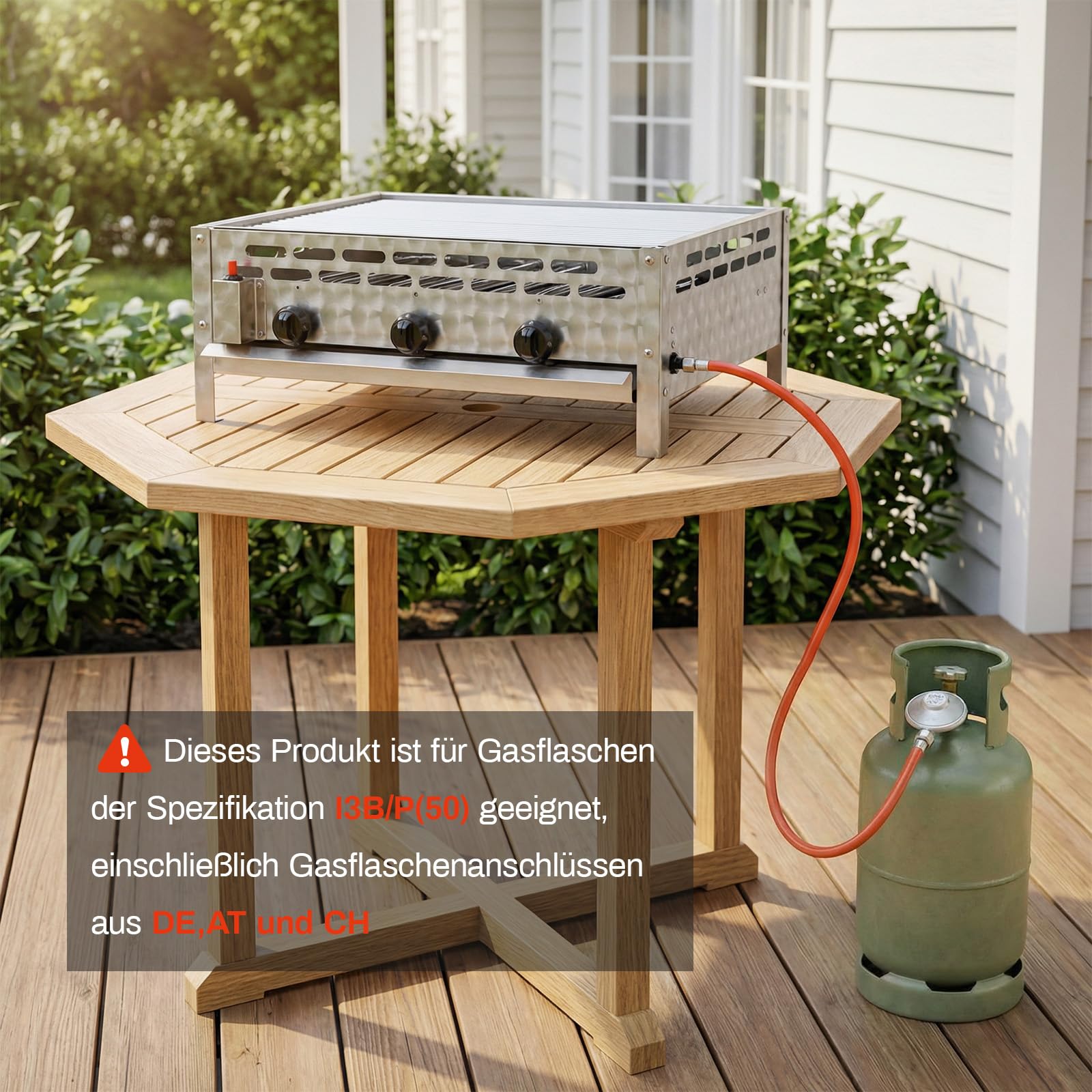 TLSUNNY Edelstahl Gasbräter 3-flammig 12 kW, Profi Gasgrill, Gastrobräter gas mit Grillrost, Tischgasgrill für Gastronomie, Outdoor, Garten, Wurstbrater, 59.5x48 cm Grillfläche, 4 PCS Füße