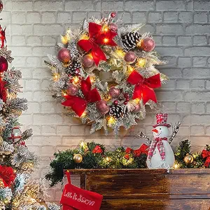24" Pre-Lit Christmas Wreath for Front Door, Artificial Christmas Wreath with Bow Ribbon, Pinecones, Berries and Ball Ornaments, Battery Operated 30 Led Lights Xmas Wreath for Home Decor