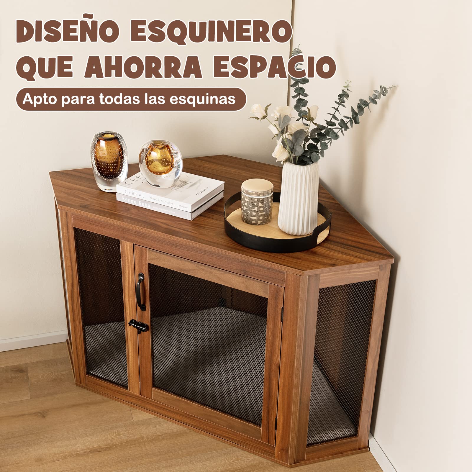 COSTWAY Mueble de Esquina para Mascotas, Casa para Perros con Puerta de Malla y Cojín, Jaula para Perros con Estilo de Mueble para Uso Interior, Casa Decorativa para Mascotas para Habitaciones