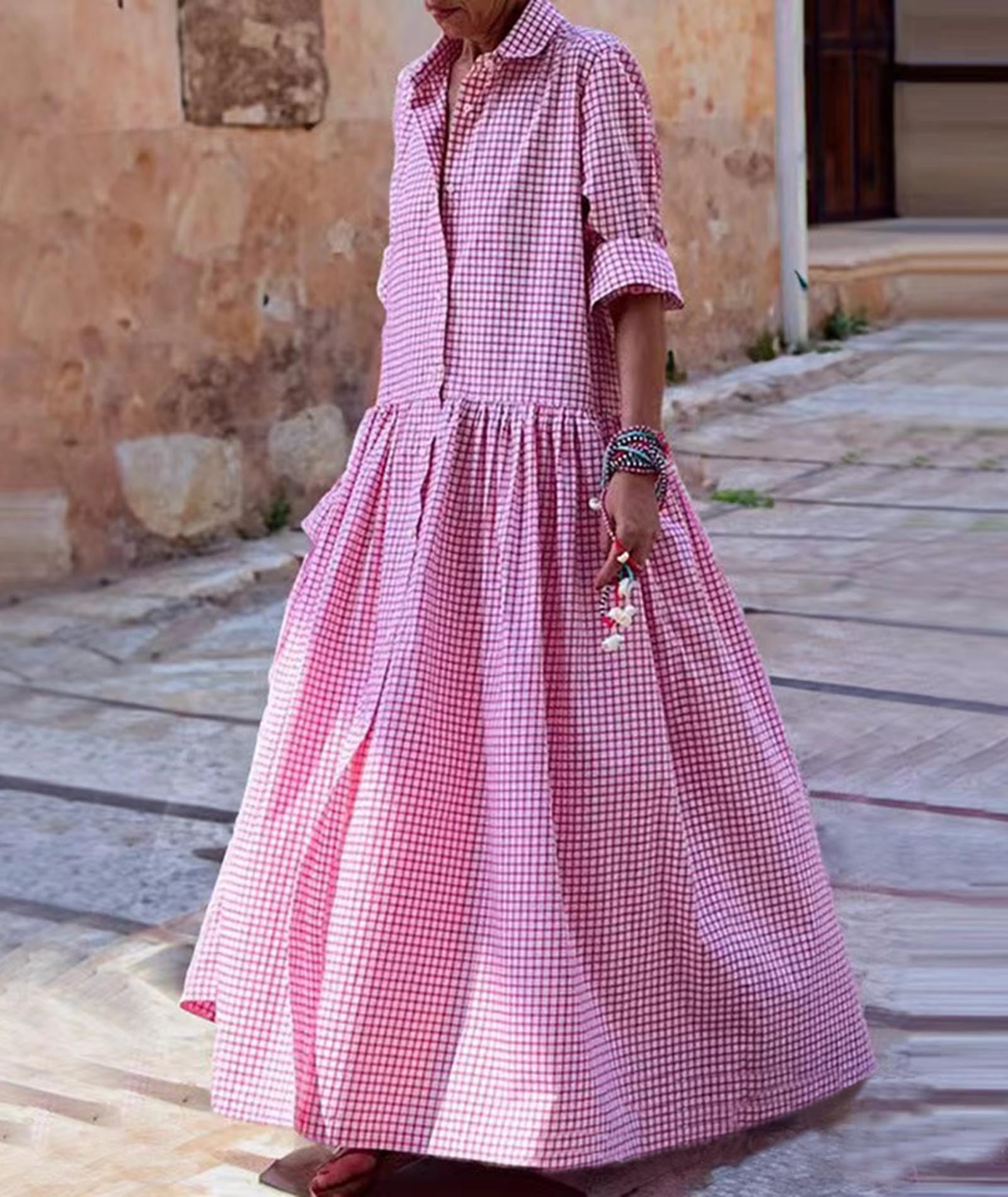 SOMTHRON Maxi abito da donna a maniche lunghe, plissettato, a quadretti, stile retrò, con bottoni