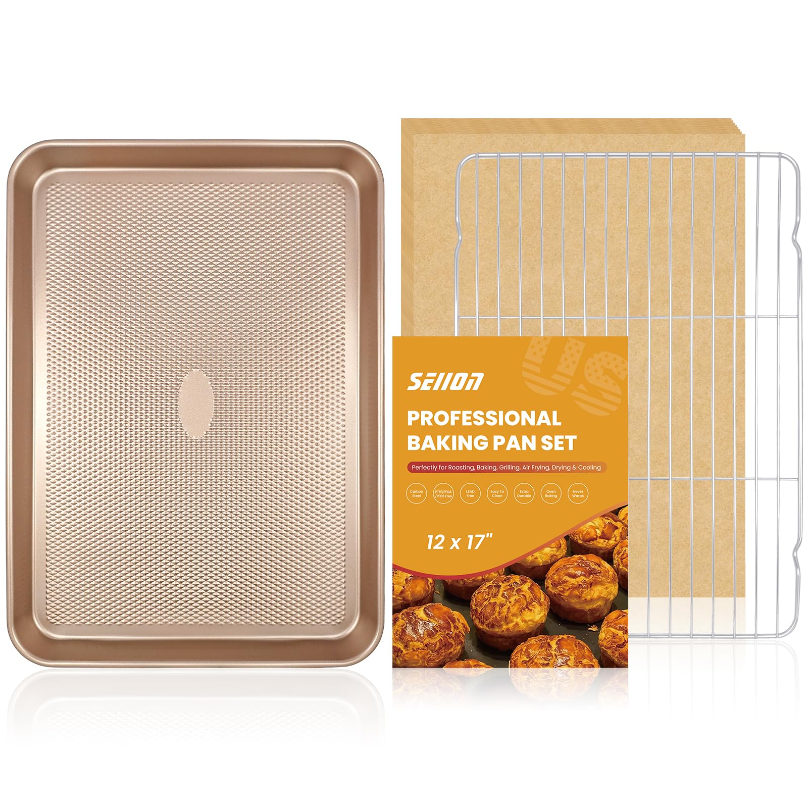 1 Packung 43,2 cm Backblech-Set mit Gestell und Pergamentpapier (1 Pfanne + 1 Gestell + 50 Papier), antihaftbeschichtetes Backblech mit Lebensmittelkühlgitter, strapazierfähig und