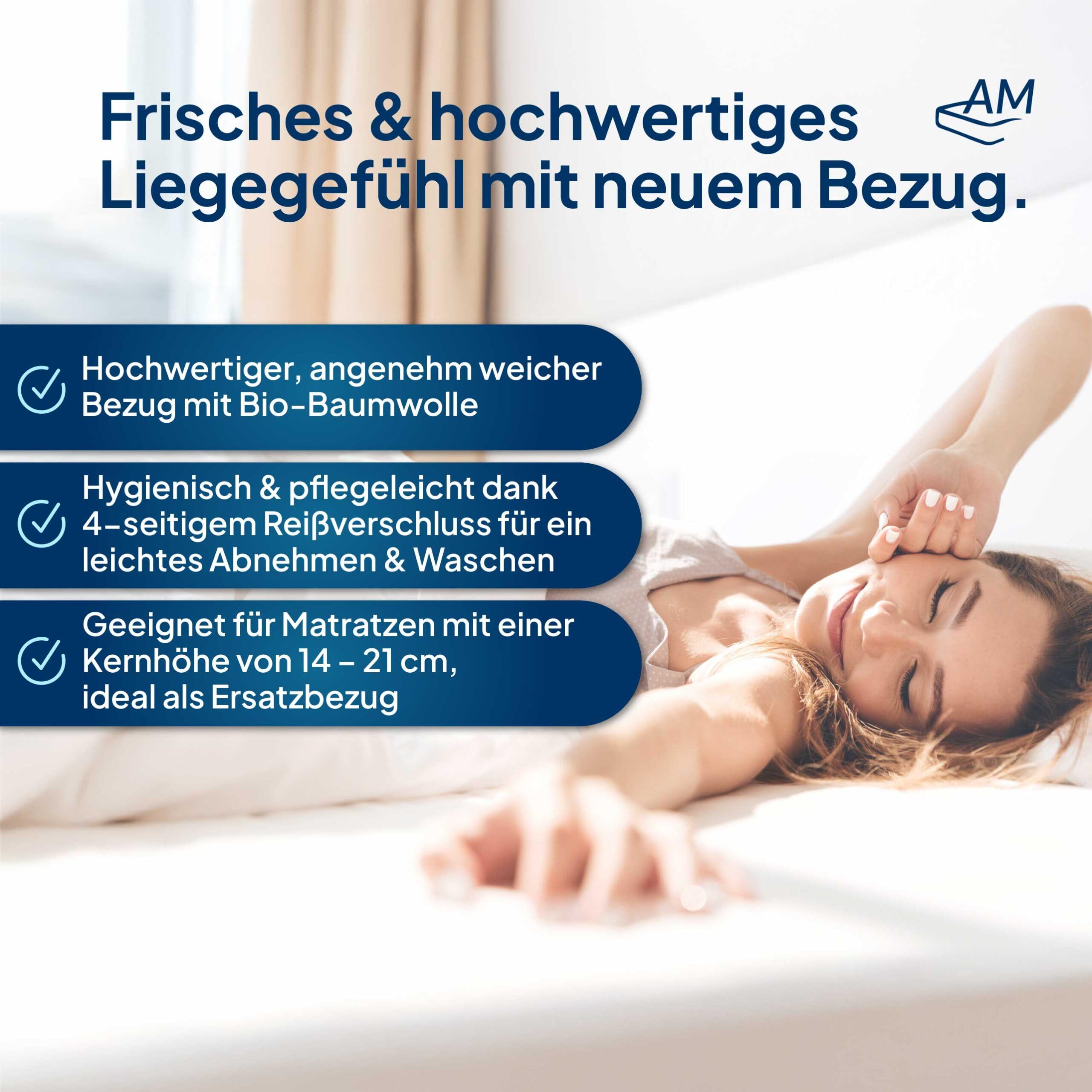 Hochwertiger Organic-Cotton Matratzenbezug 120x200cm mit Reißverschluss - 20 cm Kernhöhe - Allergiker geeignet - 60 Grad waschbar - 4-seitiger Reißverschluss - 120x200