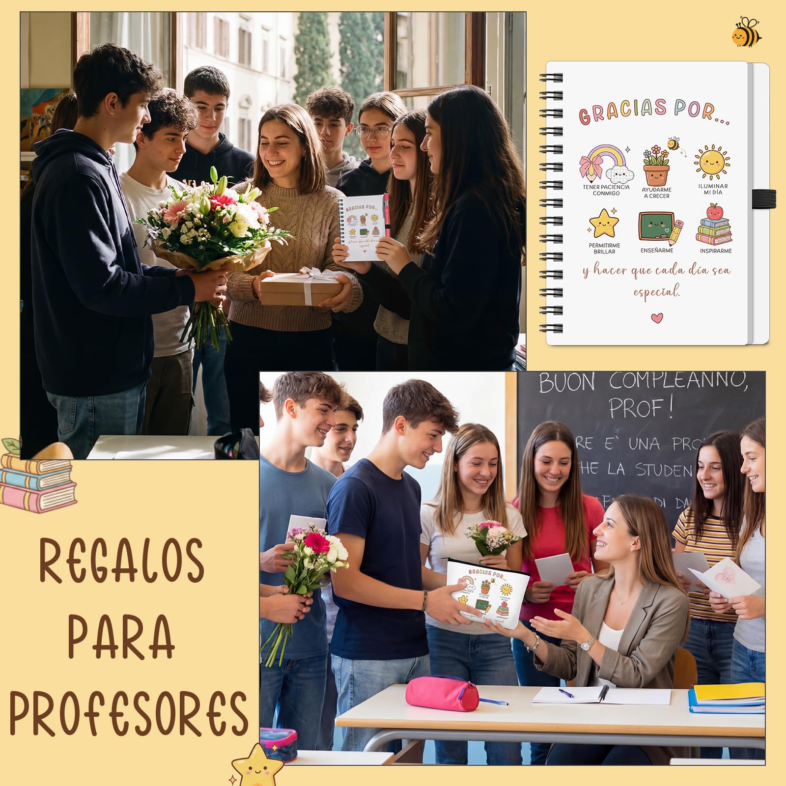 BBTO 4 Piezas Regalos para Profesores Maestra Llavero Bolígrafo Bolsa de Maquillaje Arcoíris y Cuaderno para Día del Maestro Despedida Cumpleaños Agradecimiento Graduación Fin de Semestre(Arcoíris)