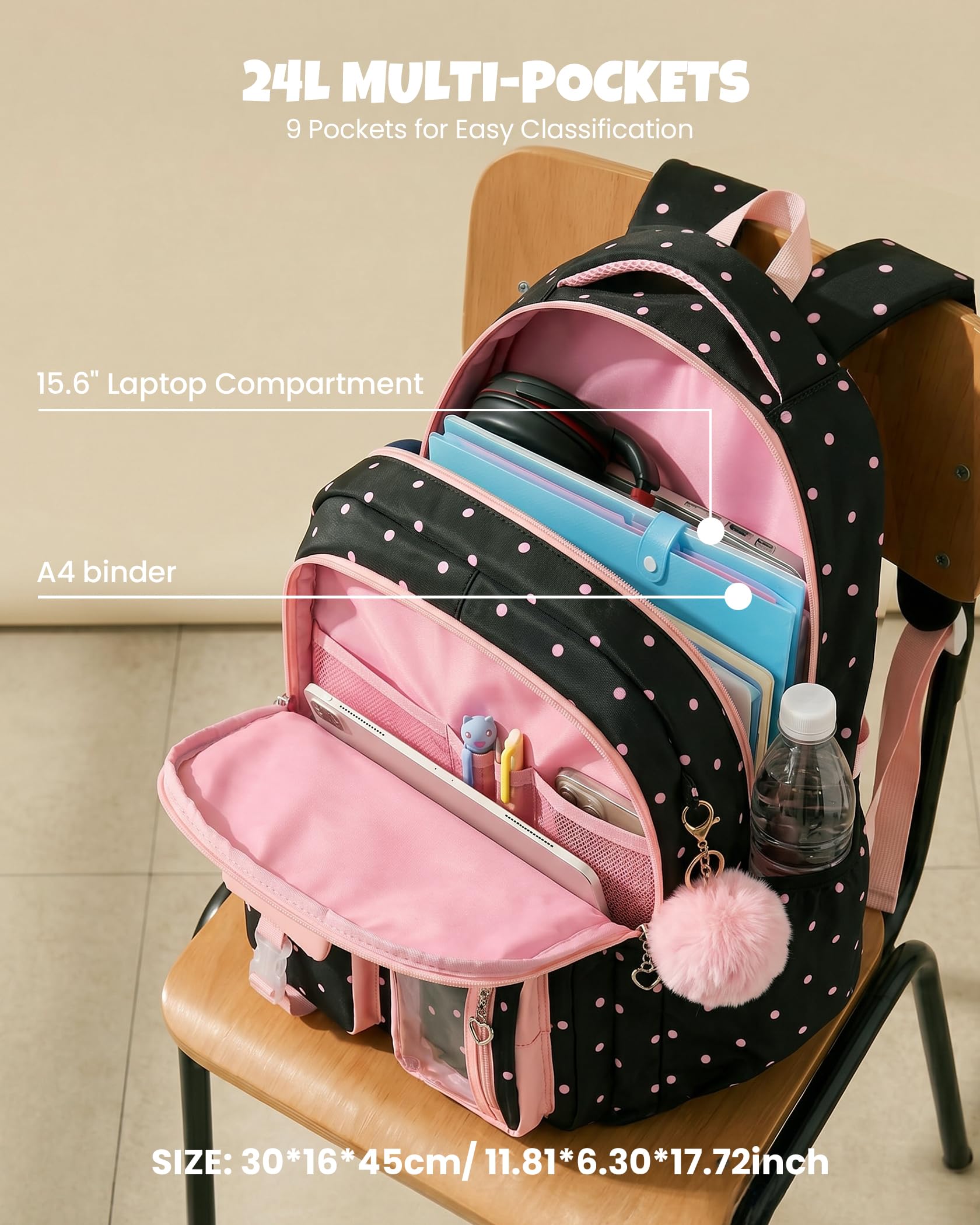 Amythe Mochila Escolar Niña 6-12 Años, 3 PIEZAS con Fiambrera y Estuche, Mochila Grande Impermeable y Antirrobo para Adolescentes con Tiras Reflectantes, Rosa