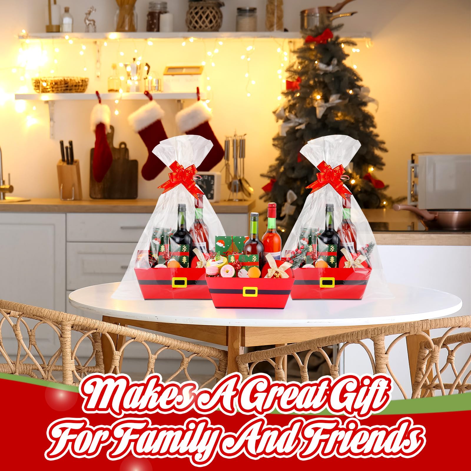 Sliner 12 Stück 25,4 x 30,5 cm große Körbe für Geschenke, leer, Weihnachtsmann-Gürtel, Weinkorb, Geschenk-Set mit Geschenktüten und roten Schleifen, roter Pappkorb, leer zum Befüllen für Geschenk,