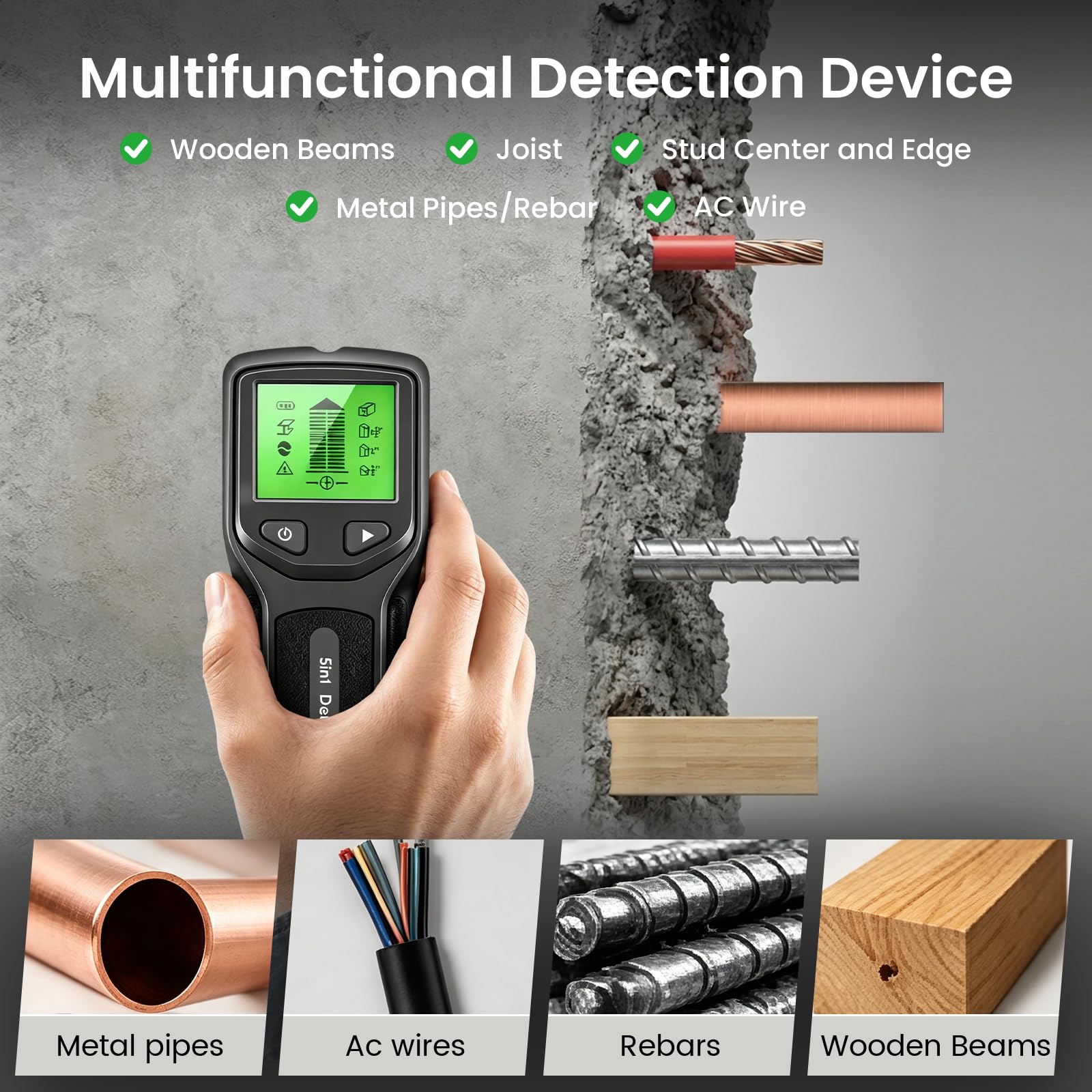 5 en1 Détecteur de Cable Électrique Mur, Detecteur de Cable Electrique avec Écran HD LCD et Alerte Sonore, Scanner Mural pour Localiser Les Métaux Chevilles en Bois Câbles Électriques CA