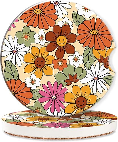 Miniatura 13 de Posavasos retro de los años 60, portavasos coloridos para portavasos de automóvil, 2 piezas de inserción absorbente de cerámica con parte trasera de