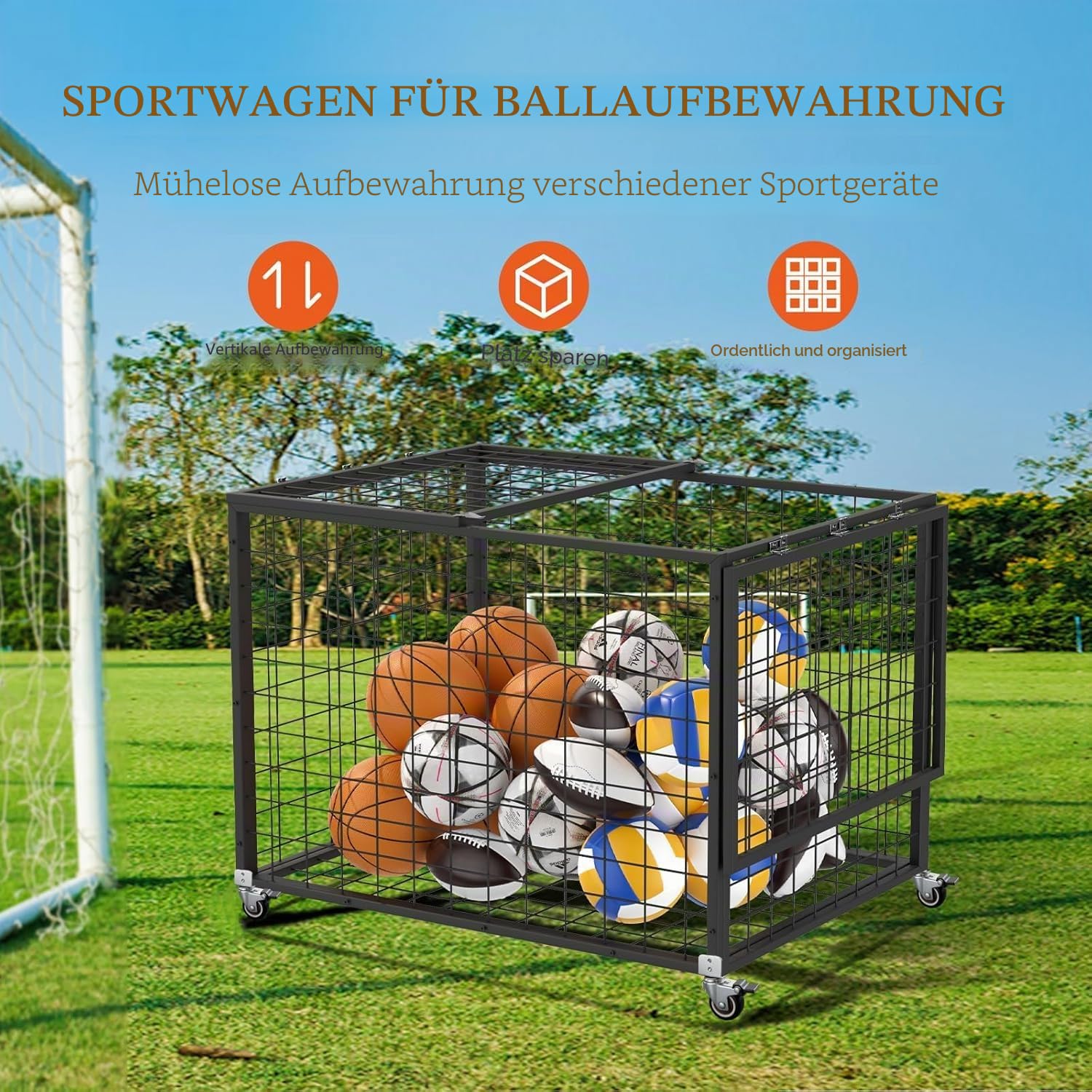 Ballwagen Sportball, Ball Aufbewahrung, Ballcart aus Doppeltüriger Abschließbares Ballkäfig, Rollwagen Spielzeug für den Innen und Außenbereich Sportgeräte,Für Sportgeräte ,Bälle, Schulen