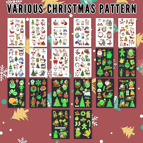 Miniatura 2 de 216 estilos de recuerdos de fiesta de Navidad, 20 hojas de decoración de Navidad, tatuajes luminosos temporales, tatuajes con purpurina, golosinas