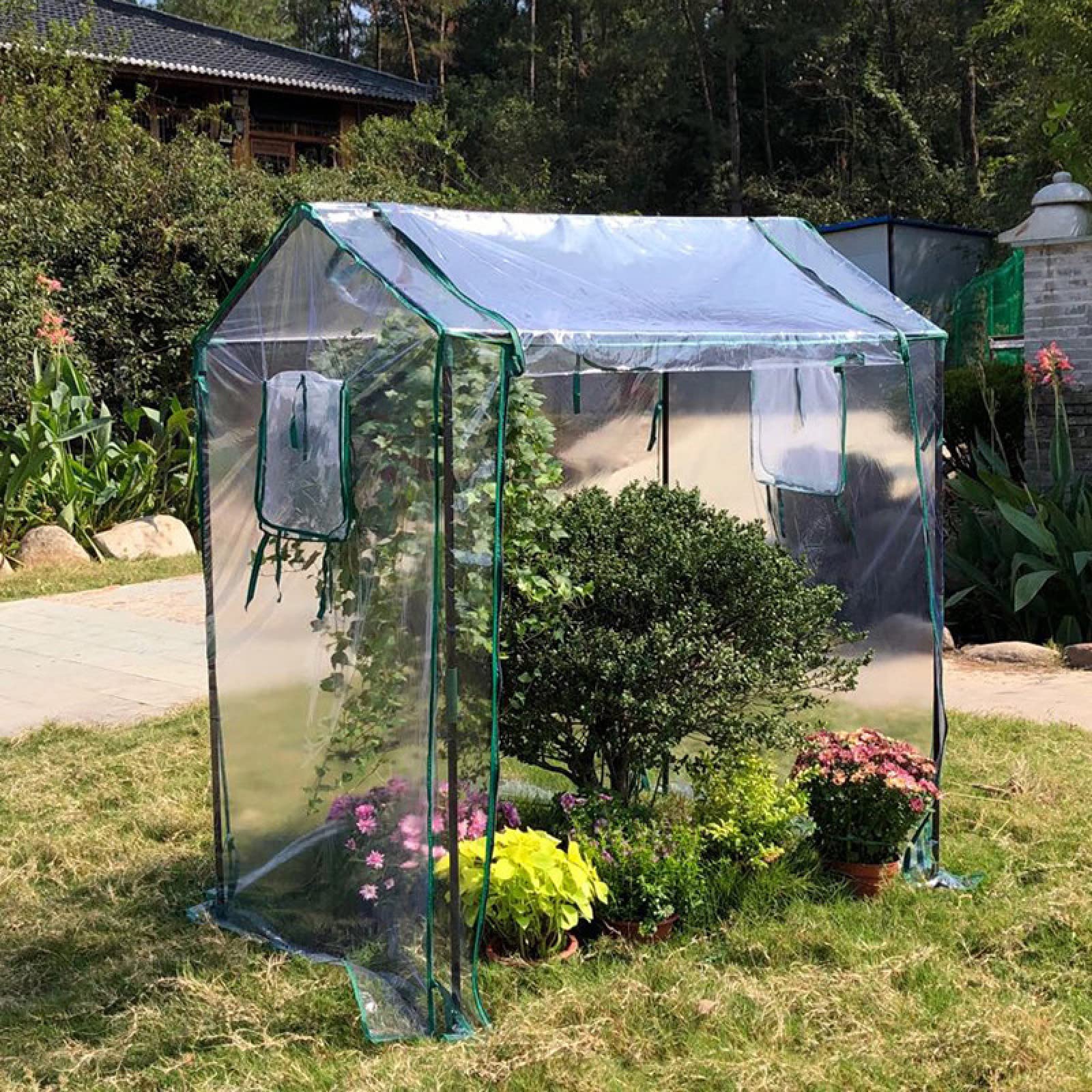 Serra Walk-in, Porte D'ingresso con Cerniera Avvolgibile E 2 Grandi Finestre Laterali Avvolgibili, Copertura per Vaso di Fiori da Giardinaggio per Interni Ed Esterni
