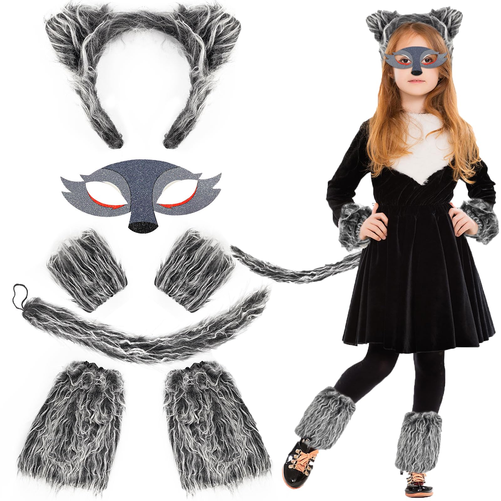 Ailesiy 7 PCS Wolf Cosplay Costume Set Includes Wolf Ears Headband Gloves Tail Eye Mask for Kids for Halloween Party Dress Up Supplies