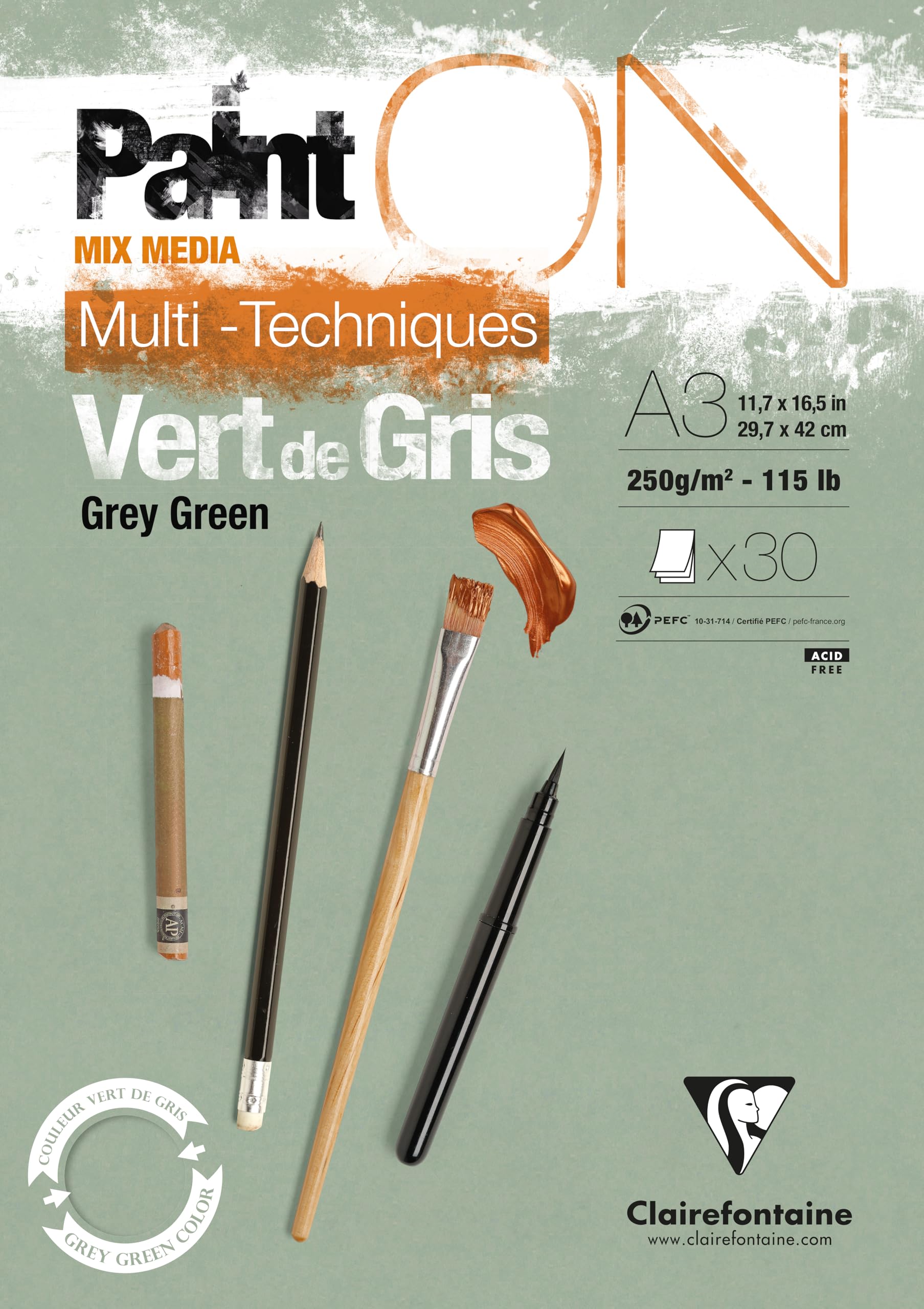 Clairefontaine - Ref 975706C - Paint'ON Multi-Technique Grey Green Glued Paper Pad (30 Sheets) - A3 Size, 250gsm Heavyweight Paper, Slight Rough Grain, Acid Free, pH Neutral