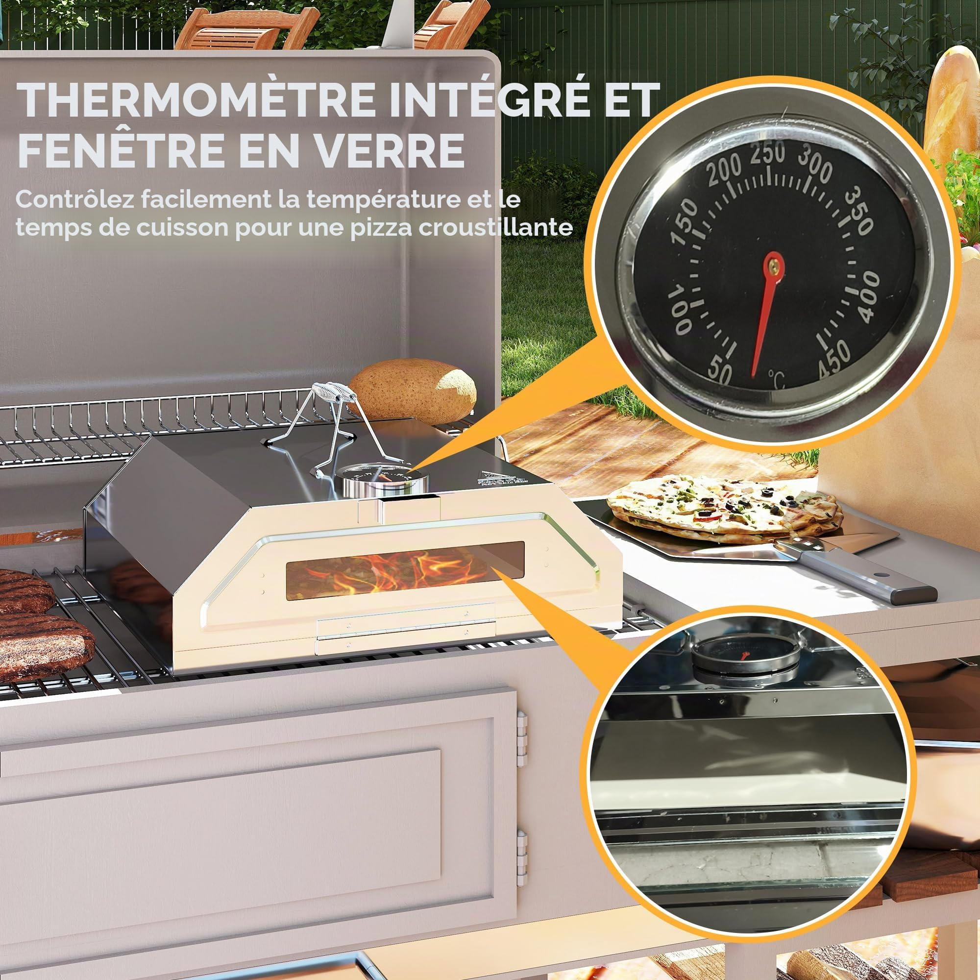 Outsunny Four à pizza portable 20,3 cm acier inoxydable thermomètre intégré fenêtre visualisation barbecue gaz charbon bois poignées transport
