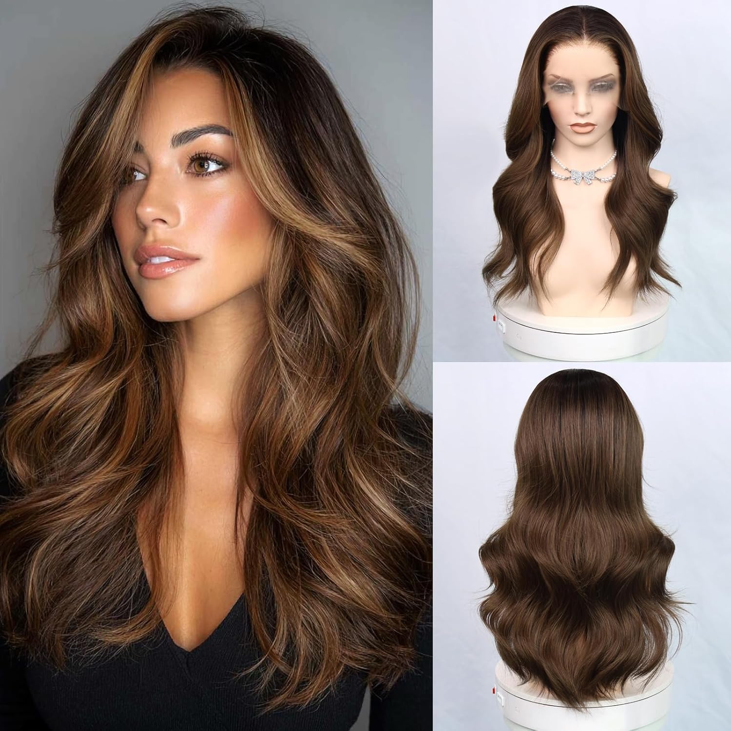 26inch Synthetic Lace Front Wig 13X4 Lace Glueless Wigs Long Wavy Brown Highlight 180% Density Pre-Plucked Natural Hairline Heat Resistant Wear & Go Wig