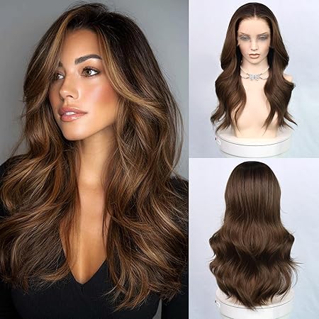 AISI HAIR Long Wavy Synthetic Lace Front Wig with Natural Hairline