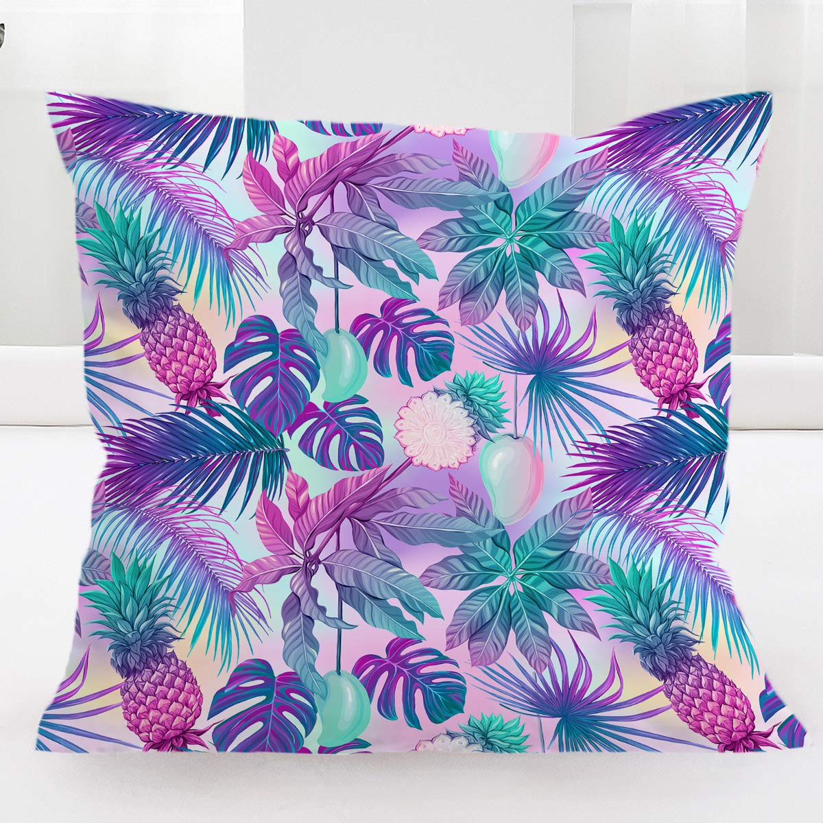 BlessLiving Tropical Watercolor Cushion Cover Neon Hawaiian Mango Pineapple Fruit Design Throw Pillow Cases Pastel Pink Turquoise Violet Palm Leaves Pillow Cover (18x18 inch)