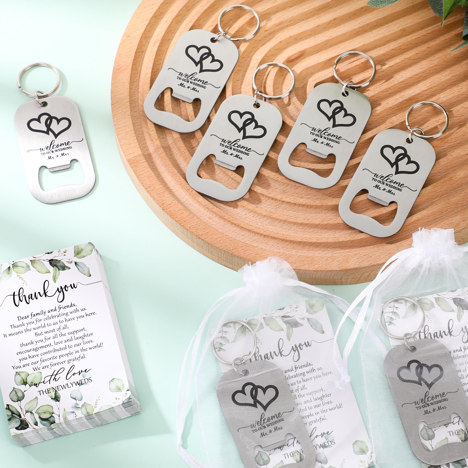 FoldTier 50 Sets Hochzeits-Dankeschön-Geschenke für Gäste, 50 Multifunktions-Schlüsselanhänger, Bierflaschenöffner, Schlüsselanhänger mit 50 Hochzeits-Wertschätzungskarten und Organza-Beutel,