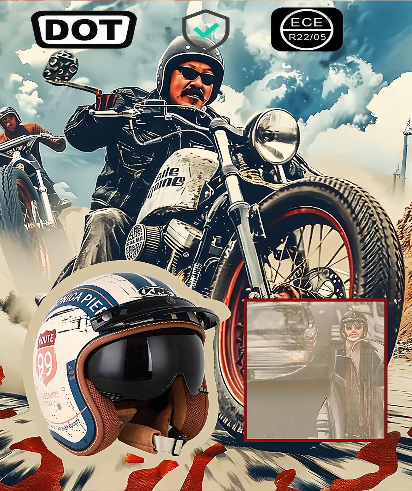 Jethelme 3/4 Halber Motorradhelm, Retro-Motorradhelm, DOT/ECE-Zugelassener Retro-Jet-Helm Für Damen Und Herren, Moped, Motorrad, Helikopter
