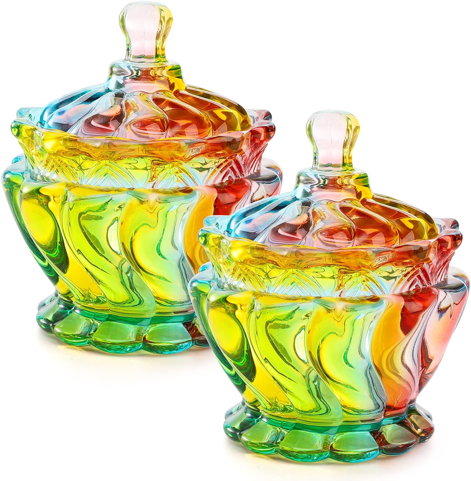 YOUEON 2 Pack Royal Embossed Glass Candy Jar with Lids, 7 Oz Colorful Crystal Candy Dish Glass Apothecary Jar, Rainbow Candy Bowl for Wedding, Candy Buffet Jar, Jewelry Box, Food Container