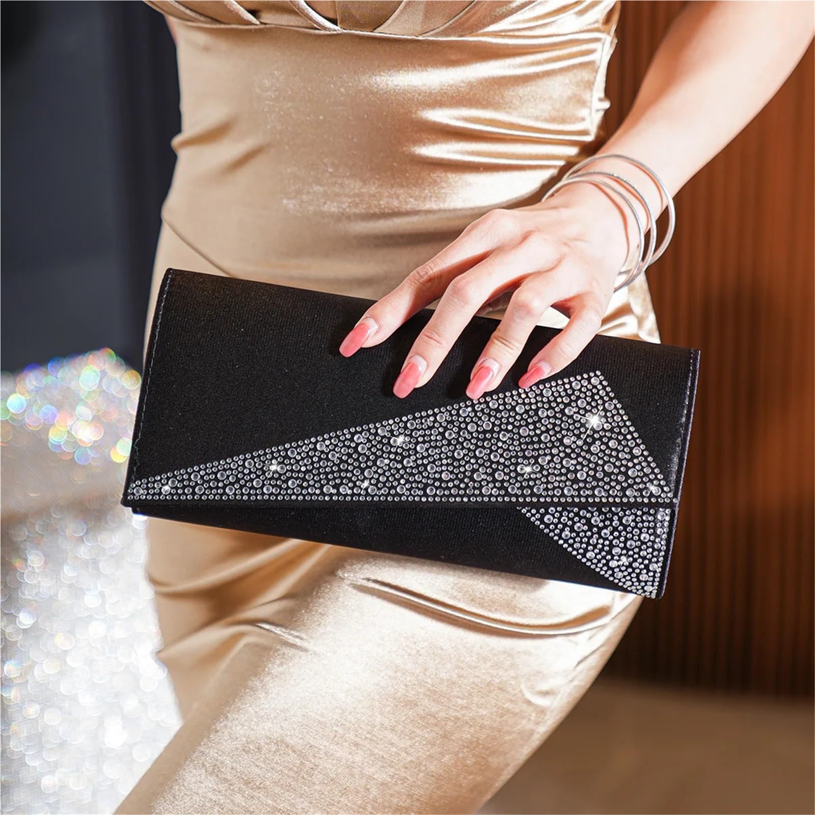 Borse da sera con pochette donna Borsa a mano lucida glitter scintillanti for feste di matrimonio Per Donna(Black)