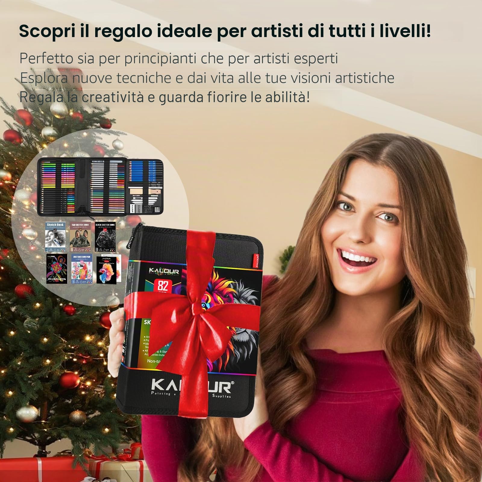 KALOUR PDAS 82 Set da disegno Kit per schizzi, Forniture artistiche professionali con matite fluorescenti, colorate, acquerellabili, metalliche, in grafite, carboncino,5 album da disegno e da colorare