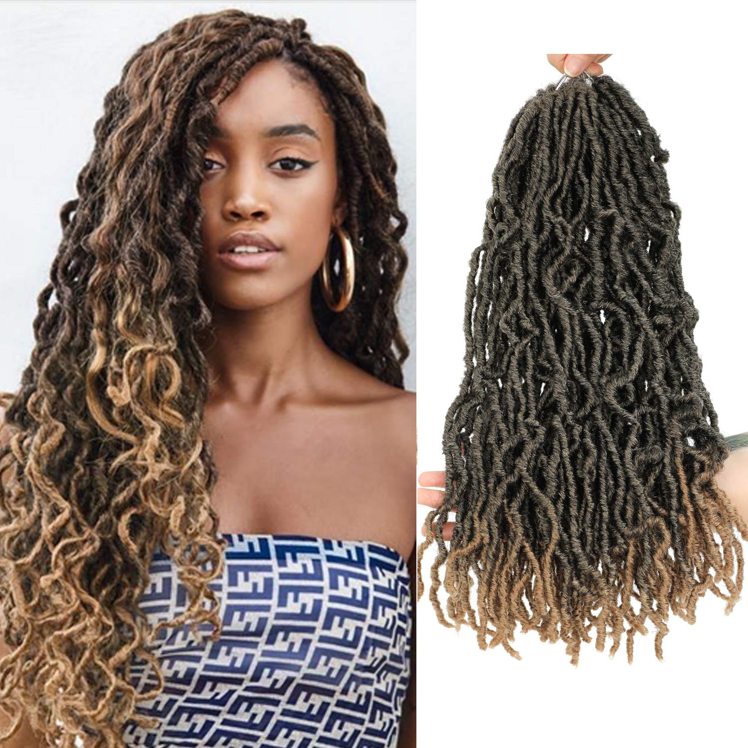 6 packs/Lot Faux locs Crochet Braids 18 inches Goddess Locs Crochet Twist Hair Extensions 21 strands/pack Curly Wavy Soft Synthetic Dreadlocks Hair Extensions for Women (18 Inch, T1B/27)