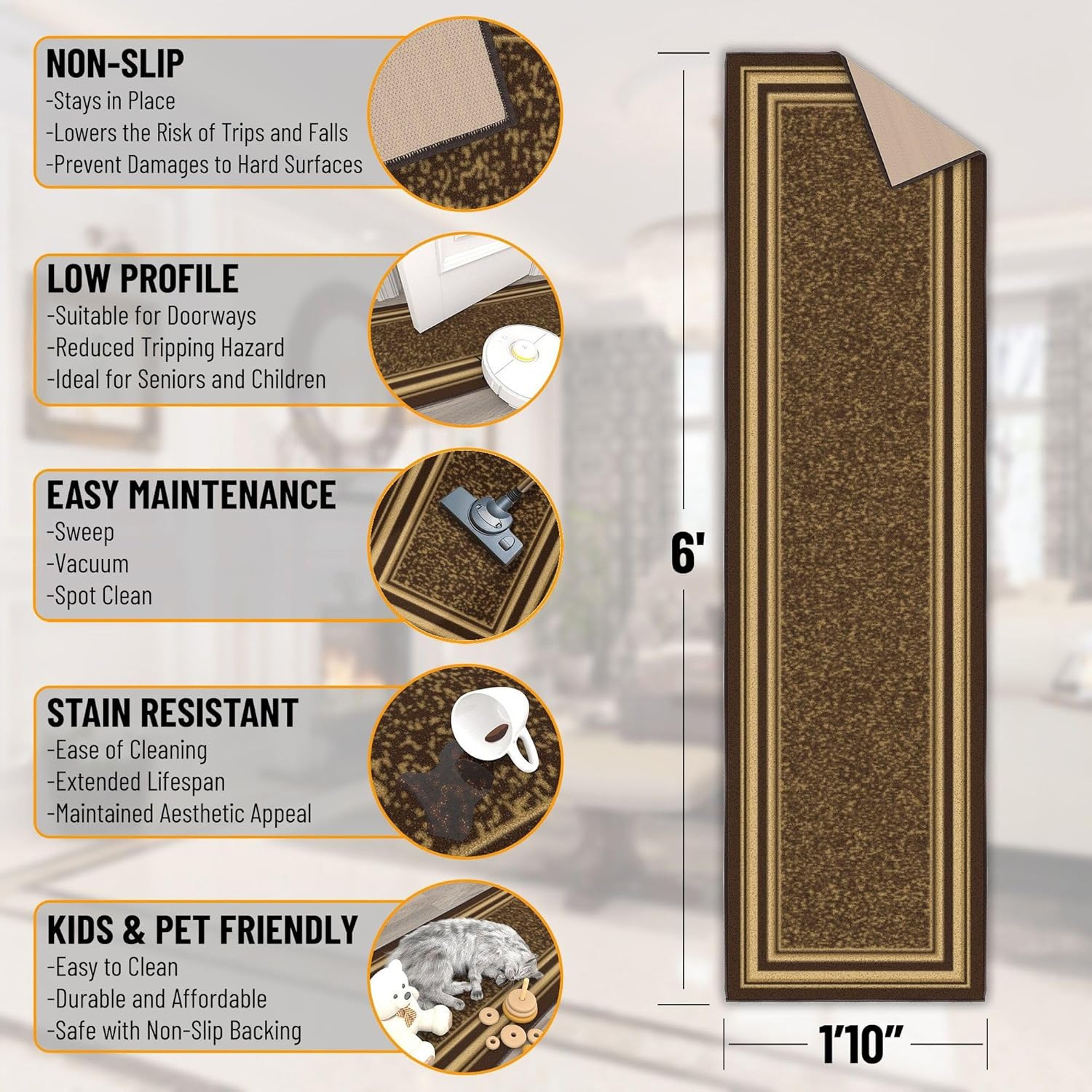 Ottomanson Hallway Runner Rug 1'10" x 6' Non Slip Border Area Rugs Easy to Clean Laundry Rug Runner Durable & Pet Friendly Floor Carpet Runners for Hallways Entryway Living Room Kitchen, Brown