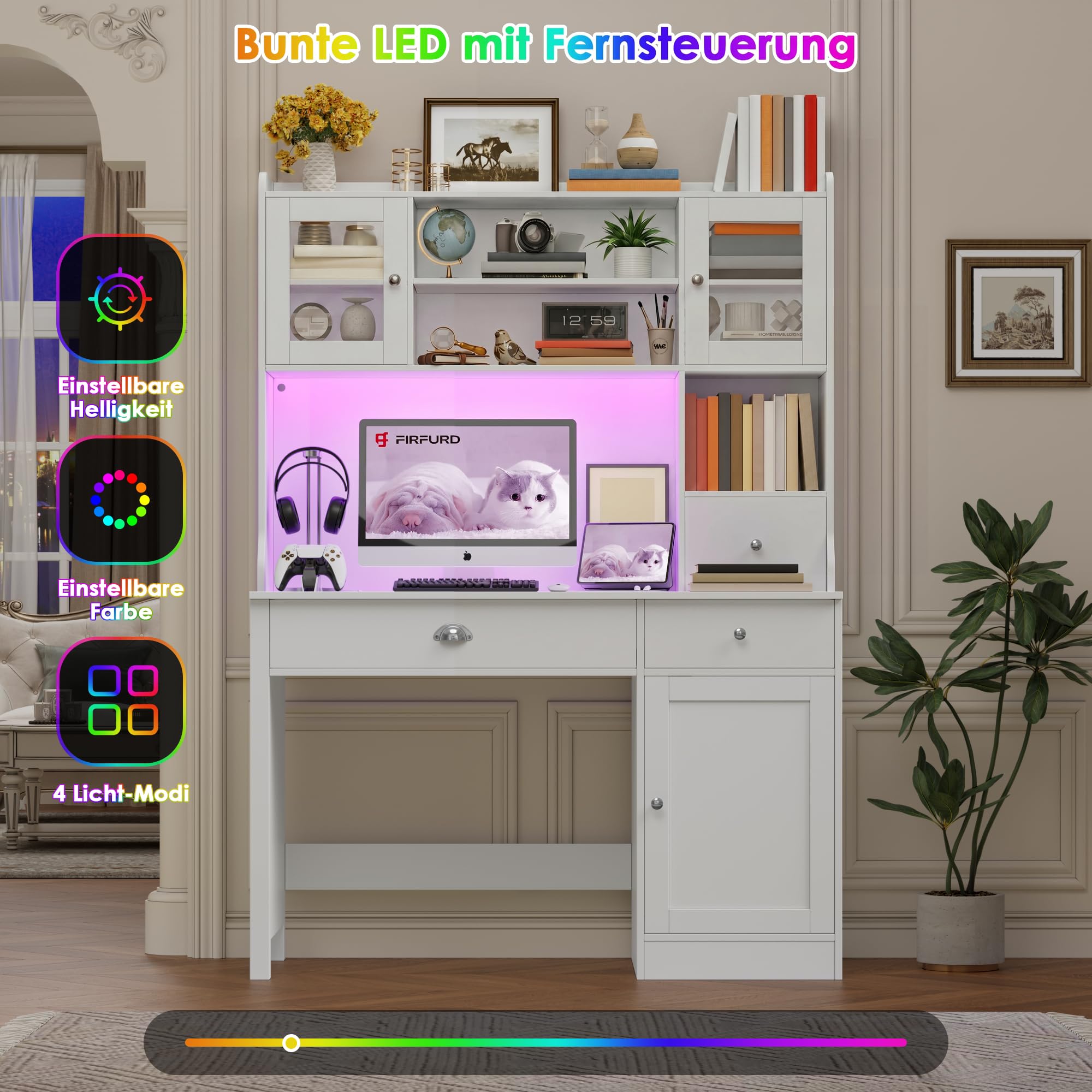 FirFurd Schreibtisch mit Schubladen Schminktisch mit LED Kinderschreibtisch | Schreibtisch Kinder mit 2 Steckdosen und 2 USB, Schminktisch ohne Spiegel, Tisch für Kinder & Jugendzimmer 120x48x165cm weiß