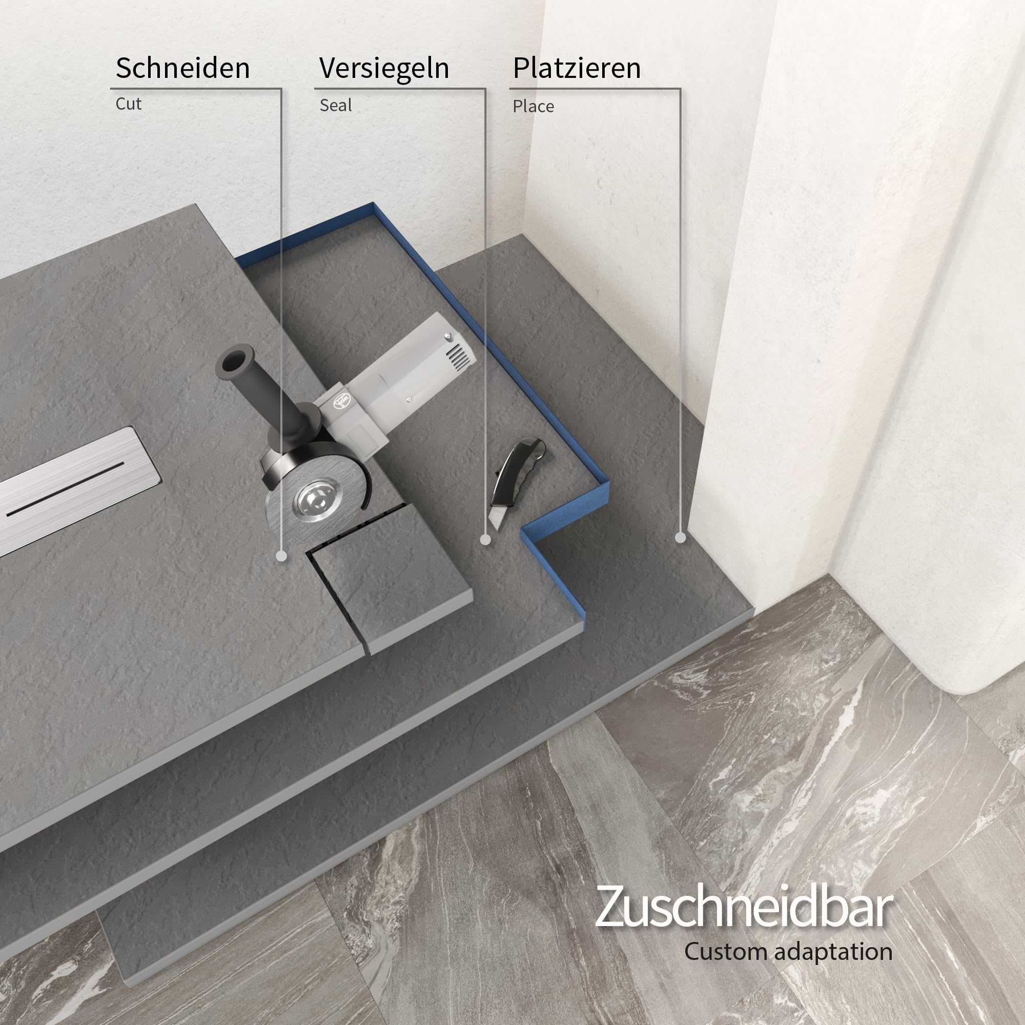 SMC Duschwanne LUMIA 80x180 cm Grau RAL7030 extra flache robuste Duschtasse, ANTI-Rutsch-Oberfläche in Schieferoptik inkl. Ablaufgarnitur und Edelstahl Deckel