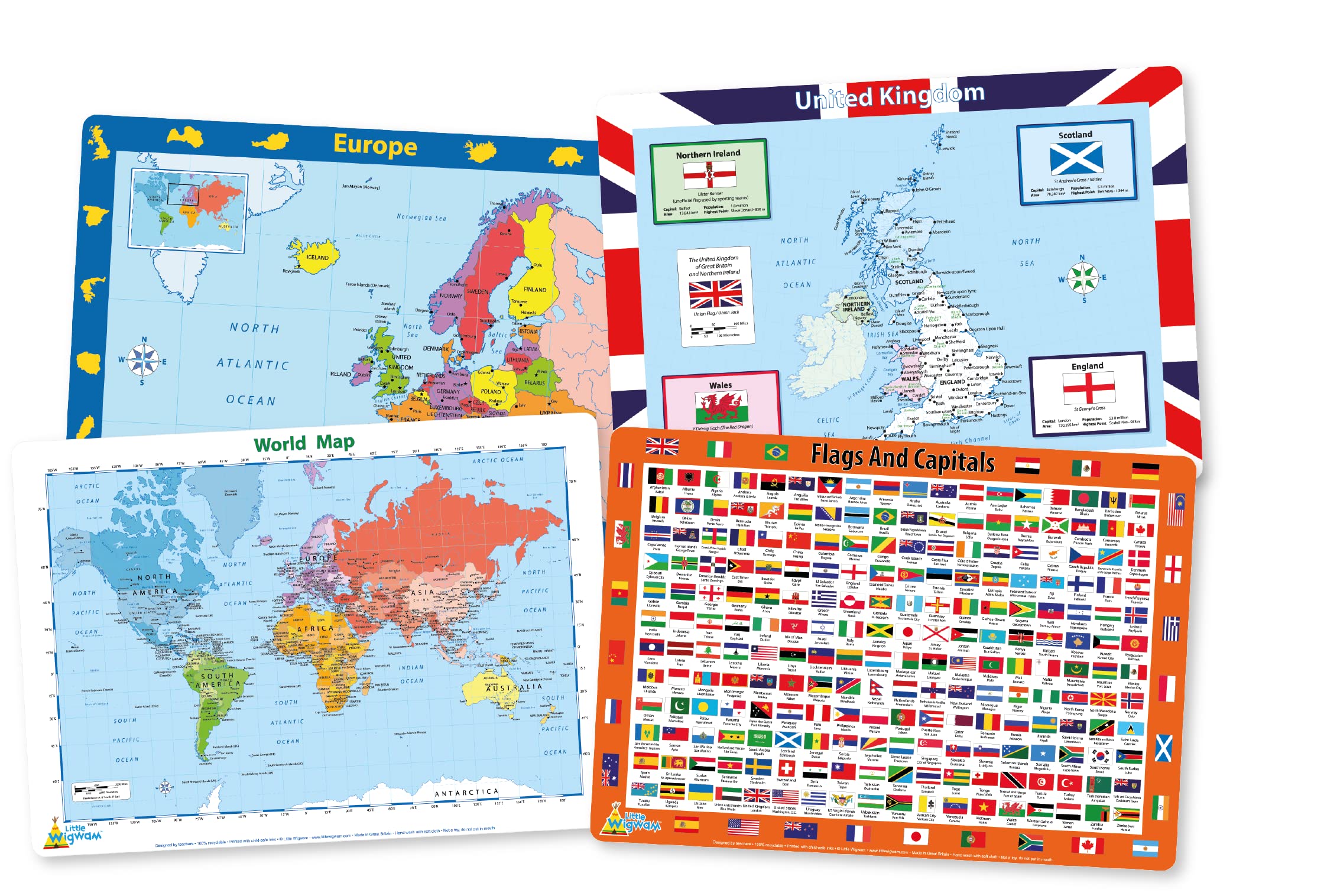 Little Wigwam Geography Placemat Pack - Set of 4 Educational Placemats - Europe, Flags And Capitals, United Kingdom, World Map