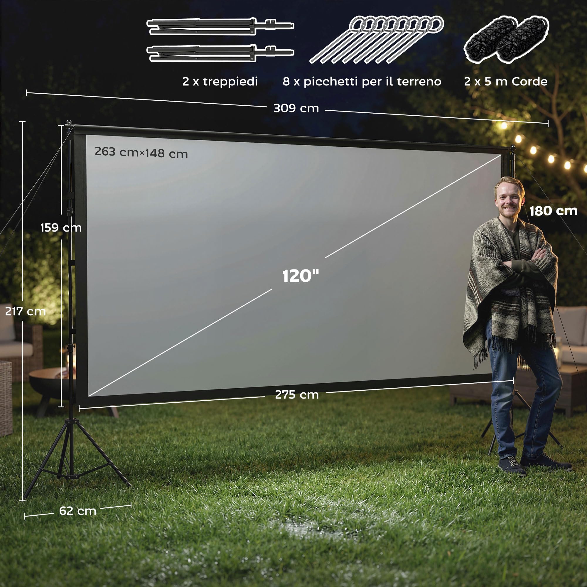 HOMCOM Telo Proiettore da 120 Pollici 4K/8K HD Formato 16:9 con 2 Treppiedi Pieghevoli, Schermo Proiettore Portatile Doppia Facciata, Grandangolo di 160 Gradi, per Casa Home Cinema Esterno, Bianco