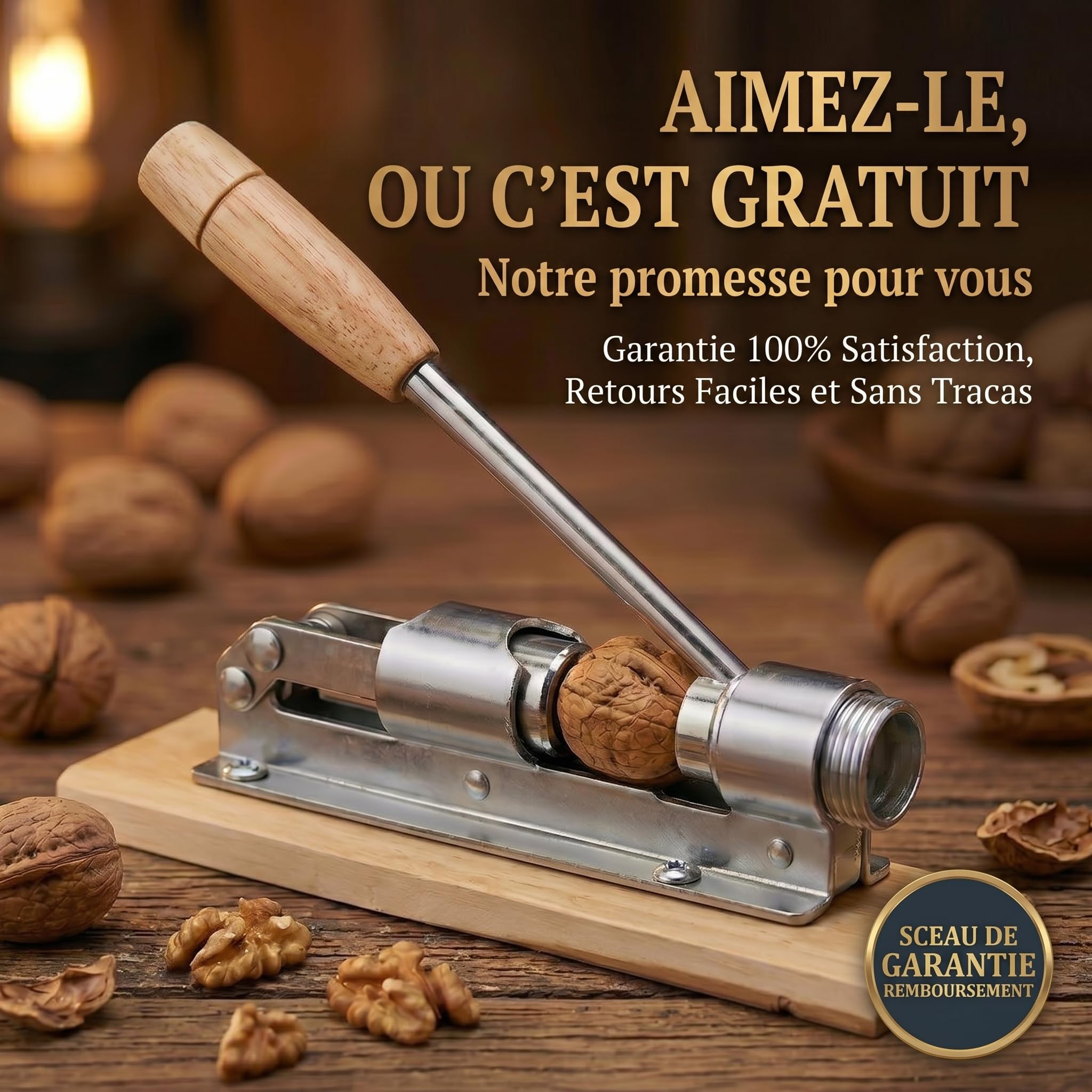 Casse-noisettes au design nostalgique Casse-noisettes en acier inoxydable avec fonction de levier ; ouverture des noix réglable en taille et en puissance.