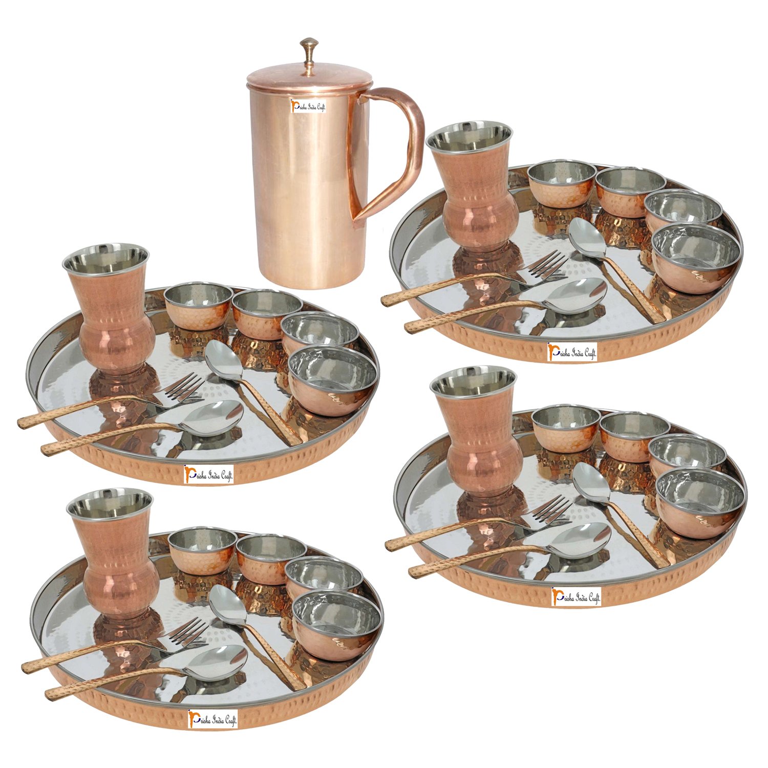Prisha India Craft Copper Stainless Steel Large Dinner Plate Thali Set Dinnerware - Copper Dinner Set Online India - 4 Thali Set, 1 Jug