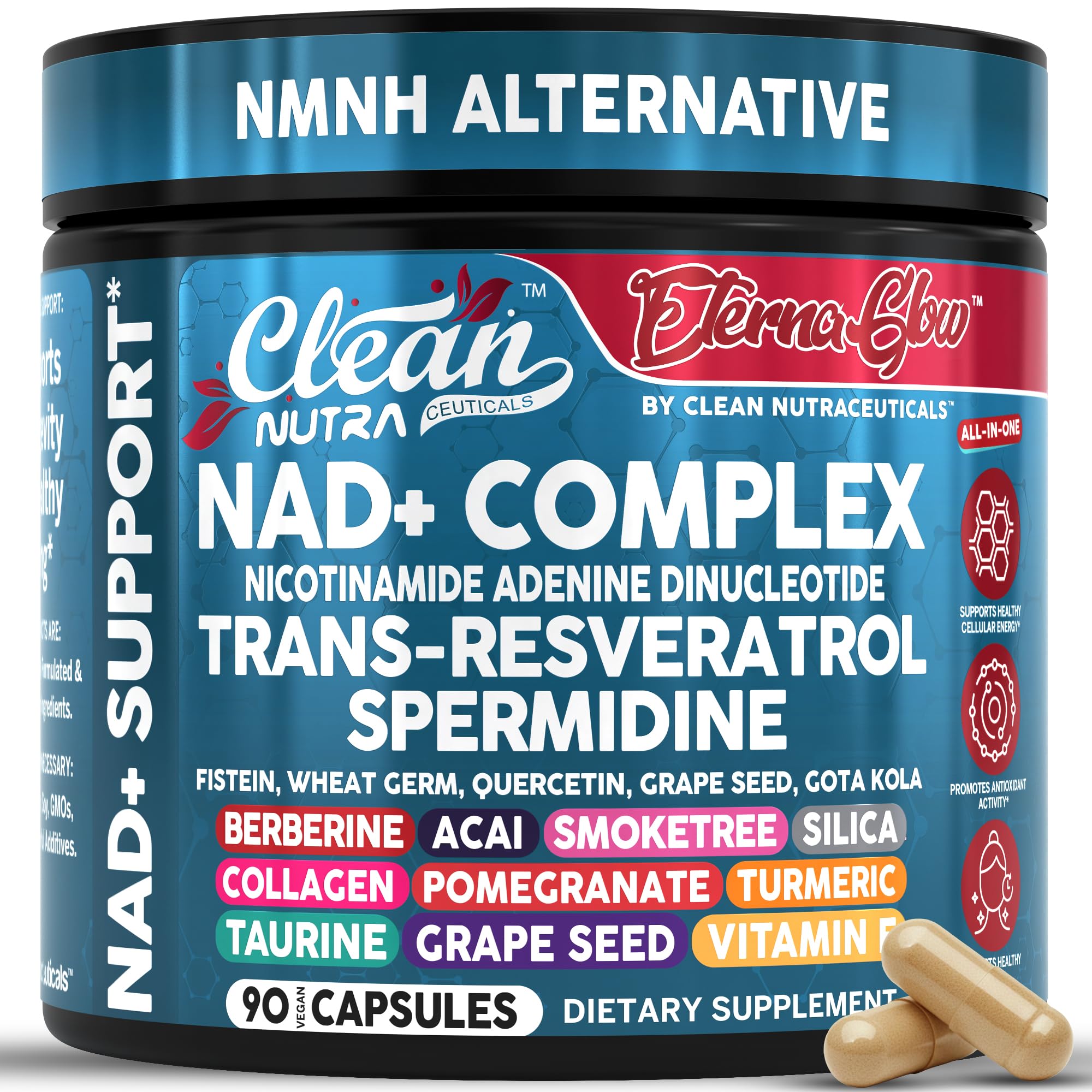 Clean NAD Supplement Resveratrol Liposomal NAD Spermidine Fisetin Wheat Germ Quercetin Grape Seed Extract Gotu Kola Berberine Astaxanthin