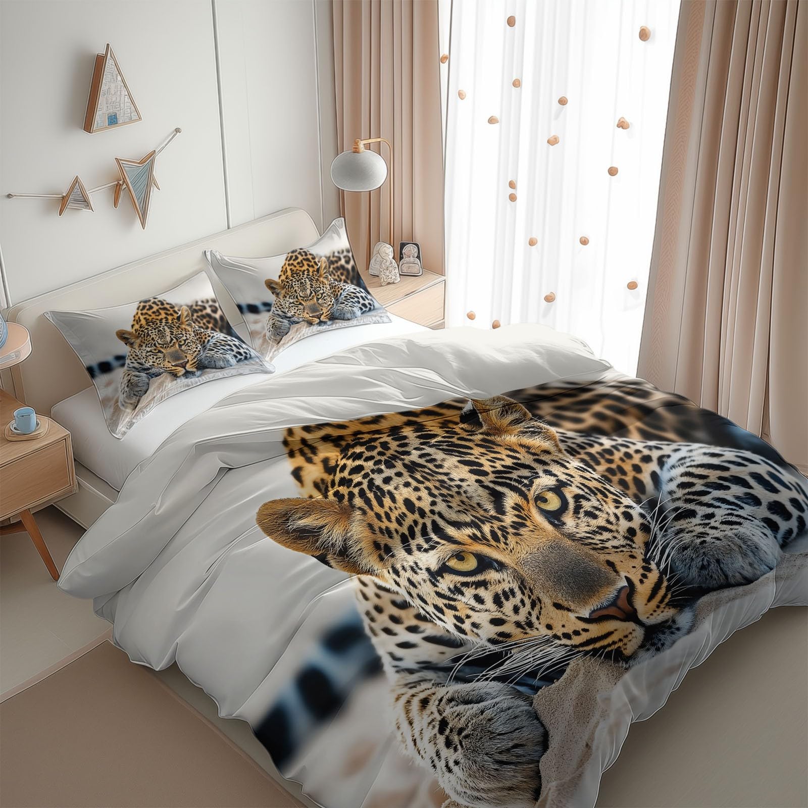 White Duvet Cover Twin Size 2 Pieces Animal Leopard Golden, Bedding Room Decor Bedspread for Kids Teens, Comforter Quilt Cover Bedding Set with Pillow Sham
