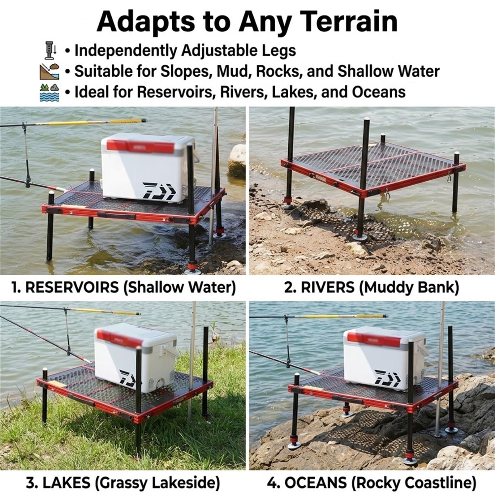 Plateforme de pêche pliable, table de pêche portable en aluminium, station d'eau profonde réglable, capacité de charge de 500 kg pour les aventures de pêche en plein air
