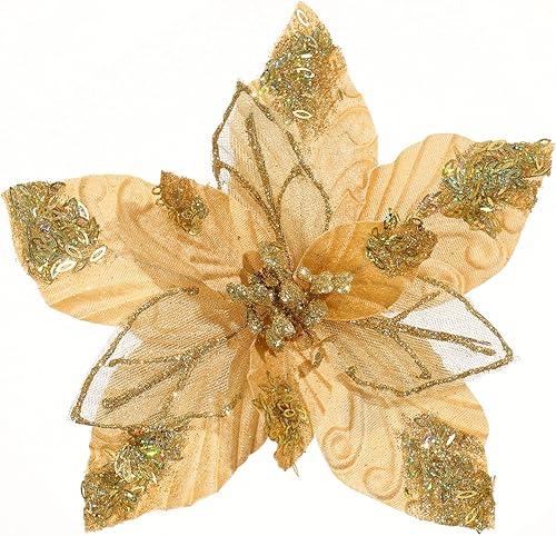 Miniatura 8 de GL-Turelifes Flores de Navidad grandes con purpurina de 10.7 pulgadas, 6 piezas de flores de pascua artificiales, adornos plegables para decoración