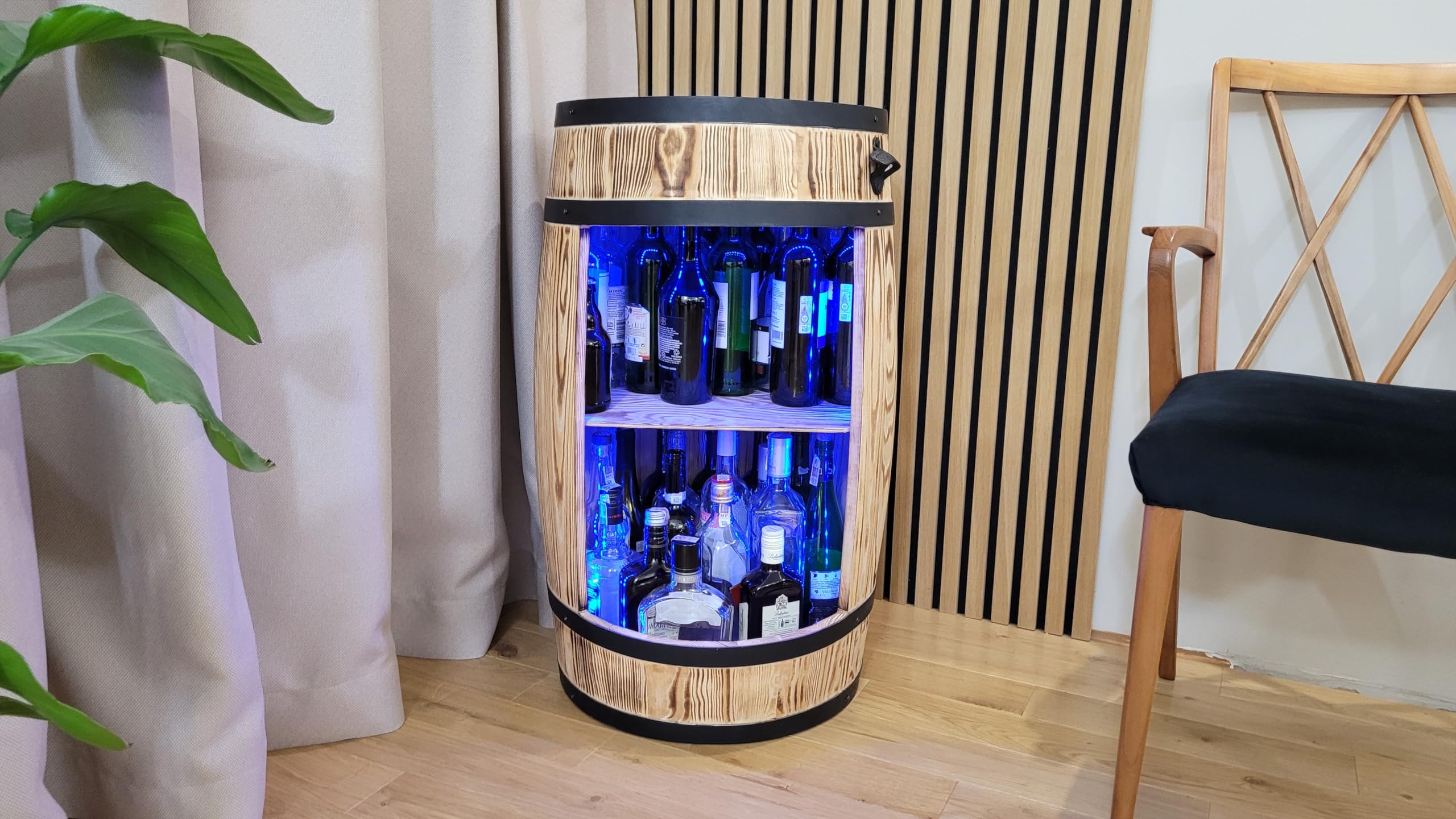Weeco Armadietto per Vino a LED RGB - Scaffale in Legno - Bar Elegante - Supporto per Bottiglie - Mobile Barile in Legno - 80 x 50 cm
