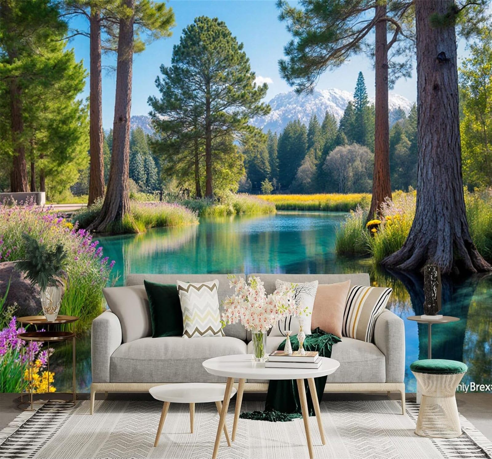 Xlming 400Cm×280Cm(B×H) Serene Forest Lake Pine Trees Wildflowers Snow Capped Mountains 3D Wallpaper Silky Texture Home Study Office Grey Dining Room Sofa Bedroom Living Room Tv Backdrop-400Cm×280Cm
