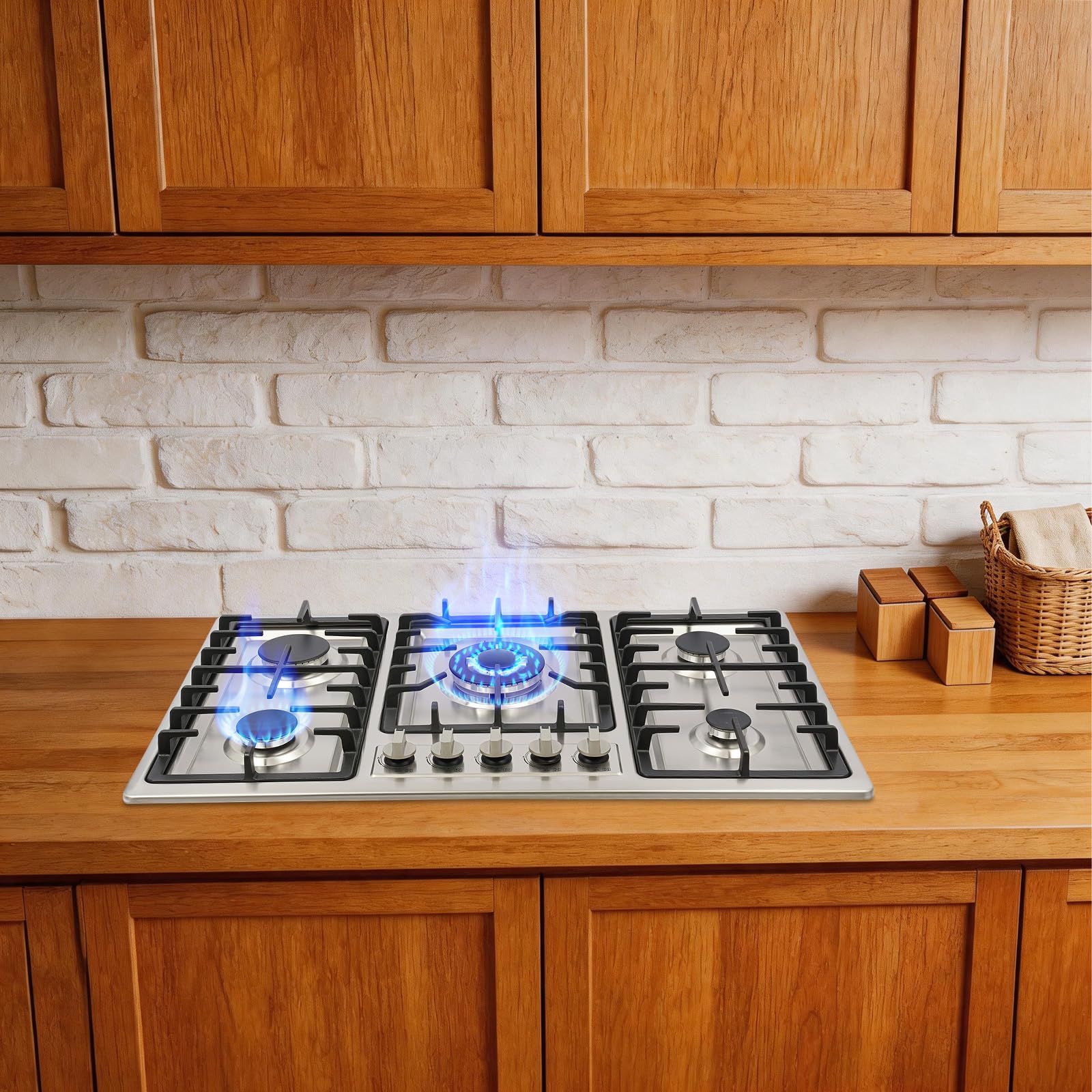 Plaque de cuisson à gaz, 5 flammes, en acier inoxydable, plaque à gaz encastrable avec protection contre la coupure de flamme, 3,3 kW/2,75 kW/1,75 kW/1 kW, pour la maison, le restaurant