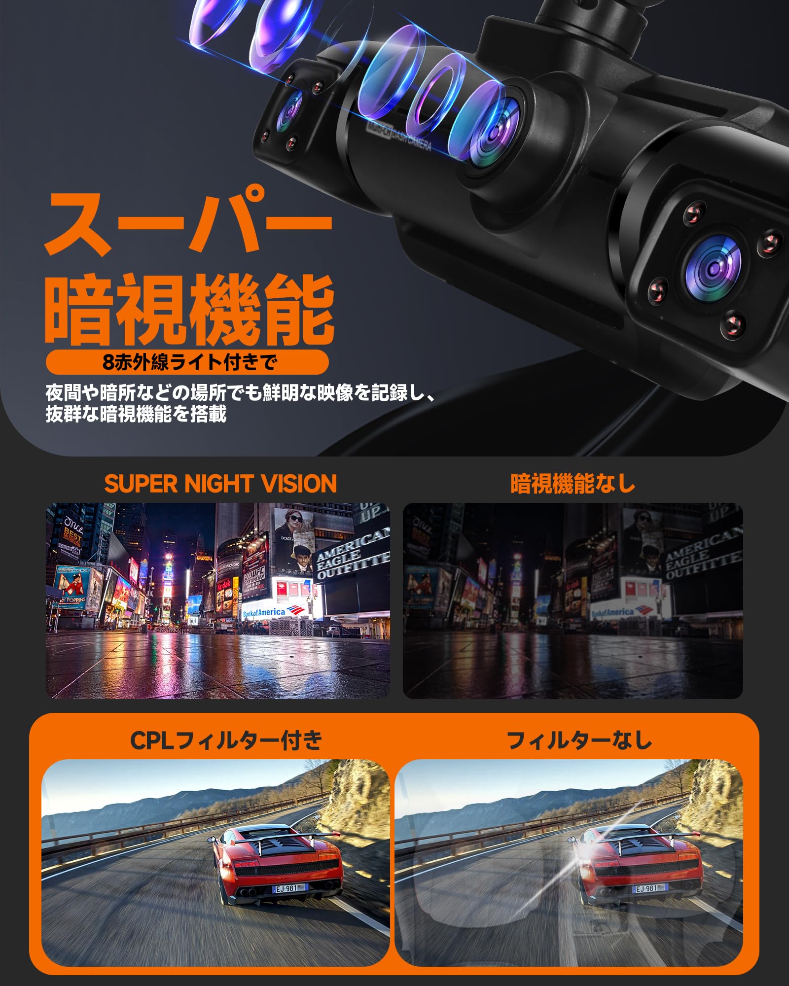 Amazon.co.jp: HUPEJOS ドライブレコーダー 360度全方位保護 4カメラ 