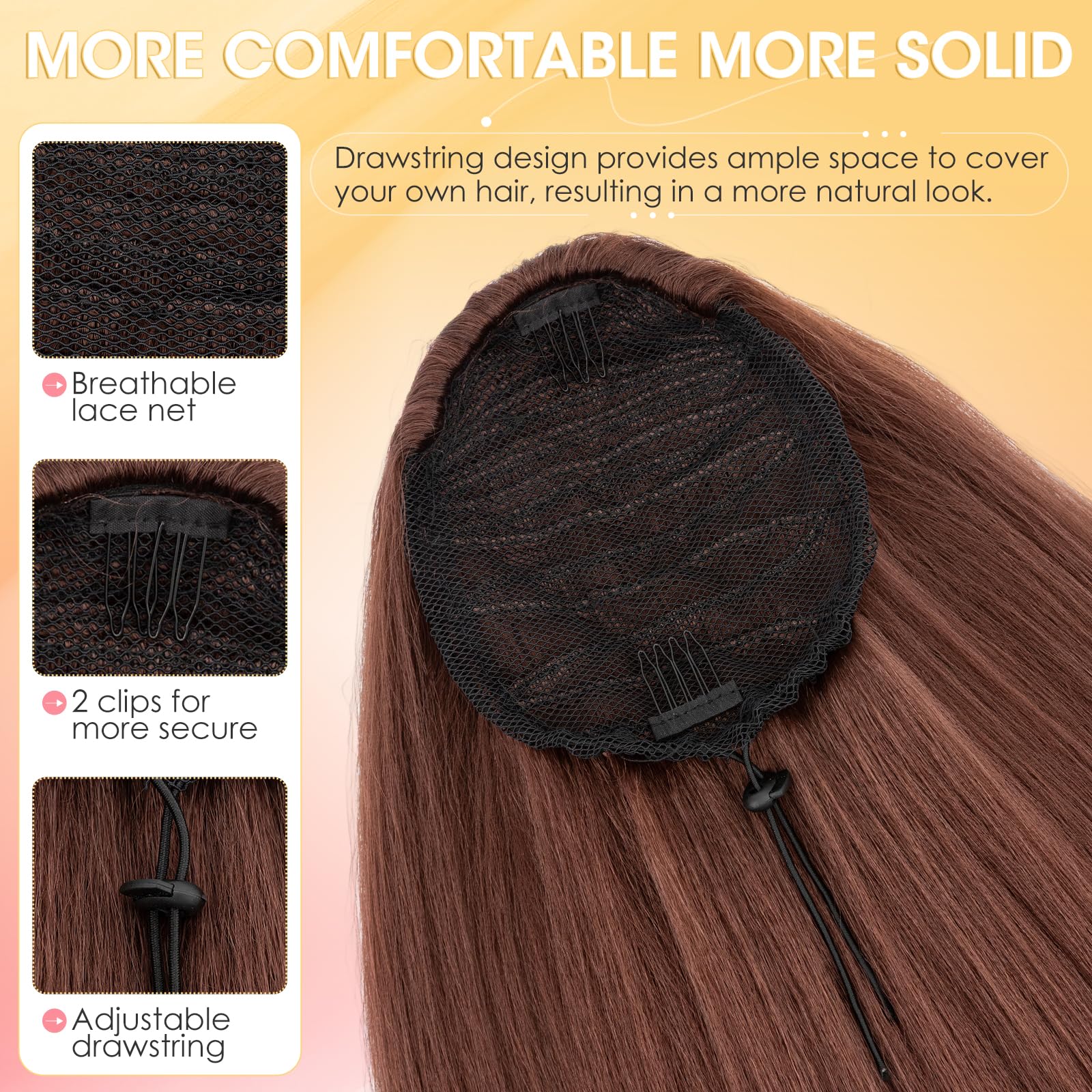 Silk-co Yaki Hair Ponytail Drawstring Ponytail for Black Women Yaki Straight Ponytail Hair Extension Long Thick Pony Tail Clip in Synthetic Hairpiece 24 Inch(60 cm-150g) Dark Auburn - Image 4