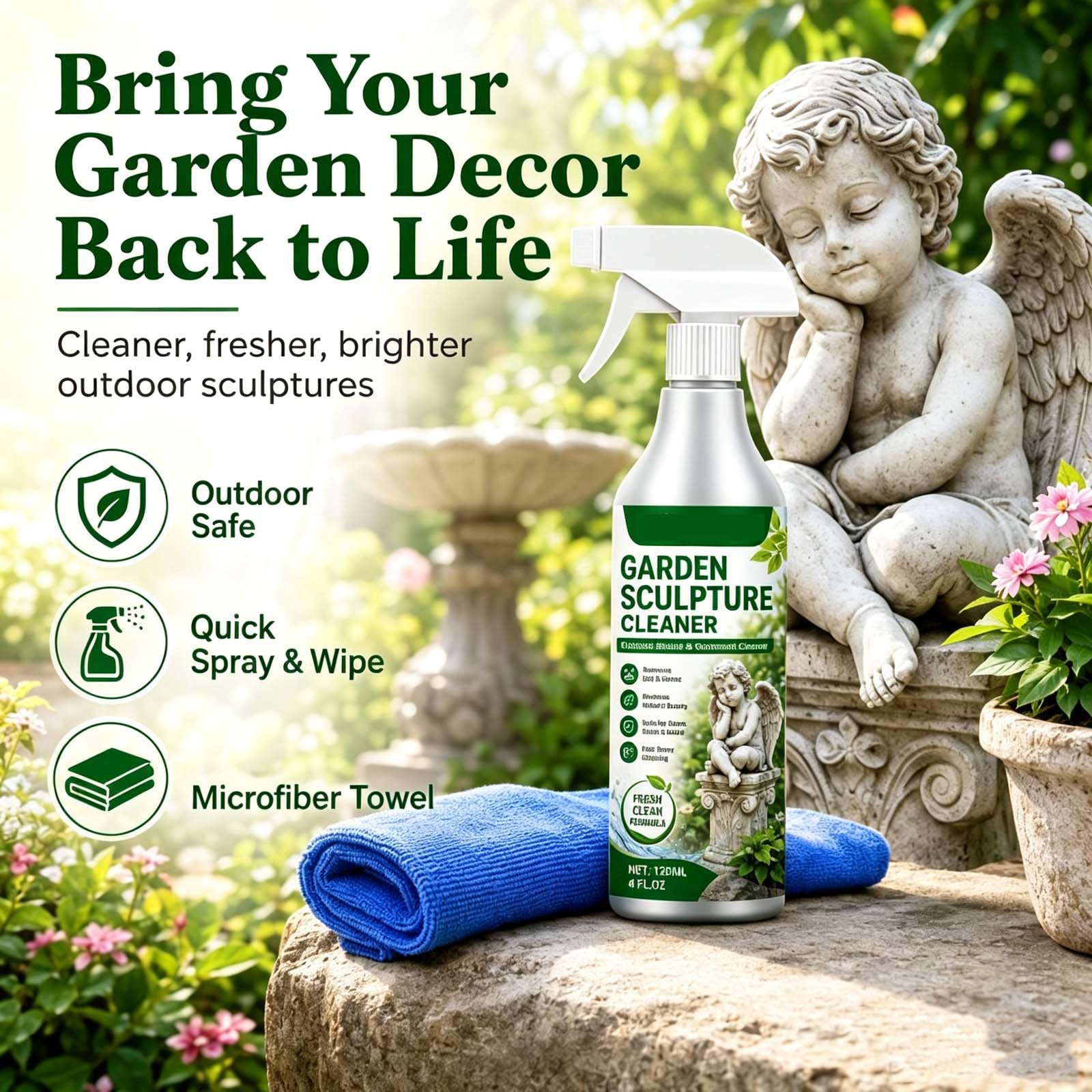 Spray de limpieza multisuperficie para exteriores, potente escultura de jardín, espray de limpieza para decoración de jardín, solución de limpieza para decoración de exteriores, limpiador diario de