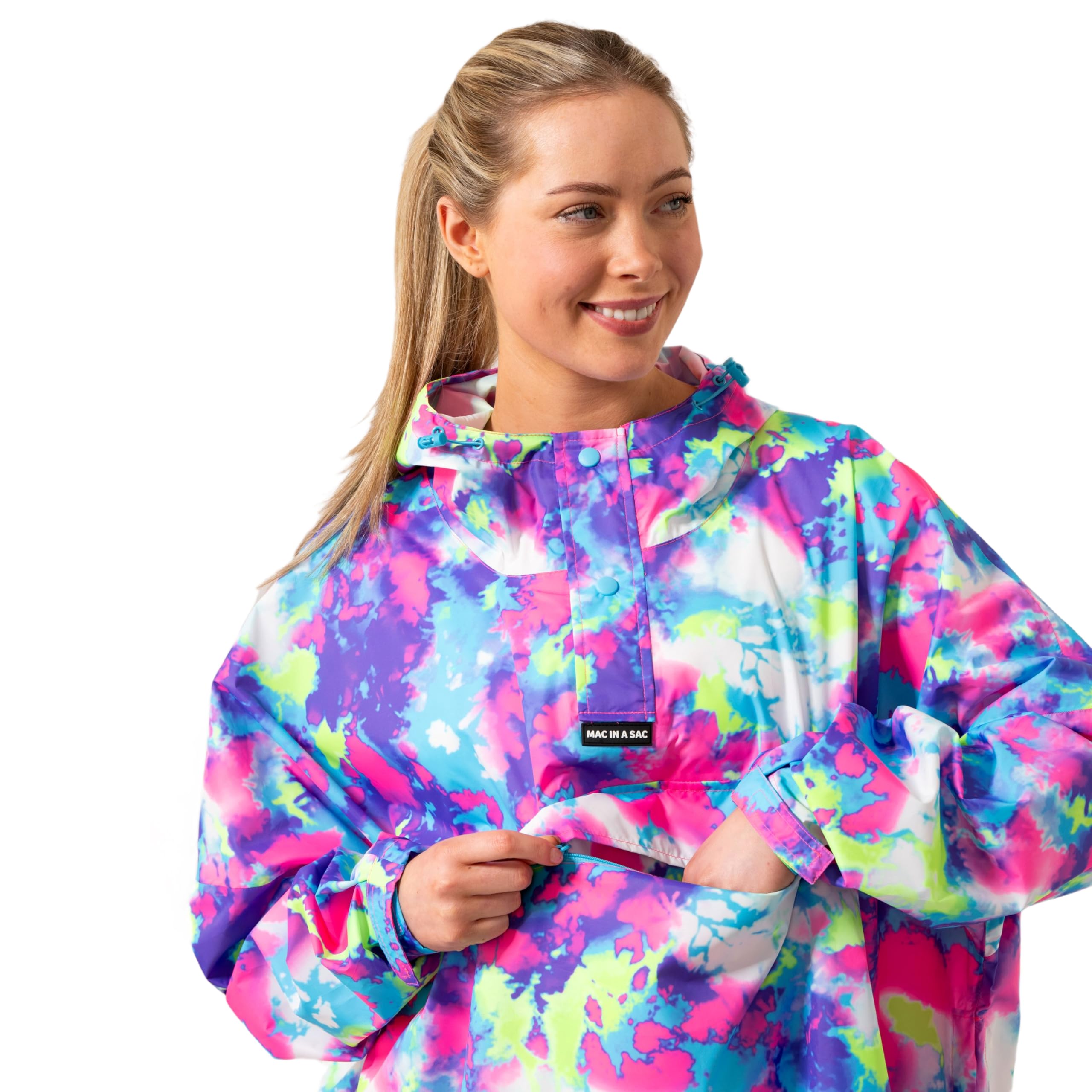 Mac in a Sac Festival-Poncho – verstaubarer, wasserdichter Umhang – Unisex – hoch atmungsaktiv (8.000 g/m²) – verstellbare Druckknöpfe an den Seiten