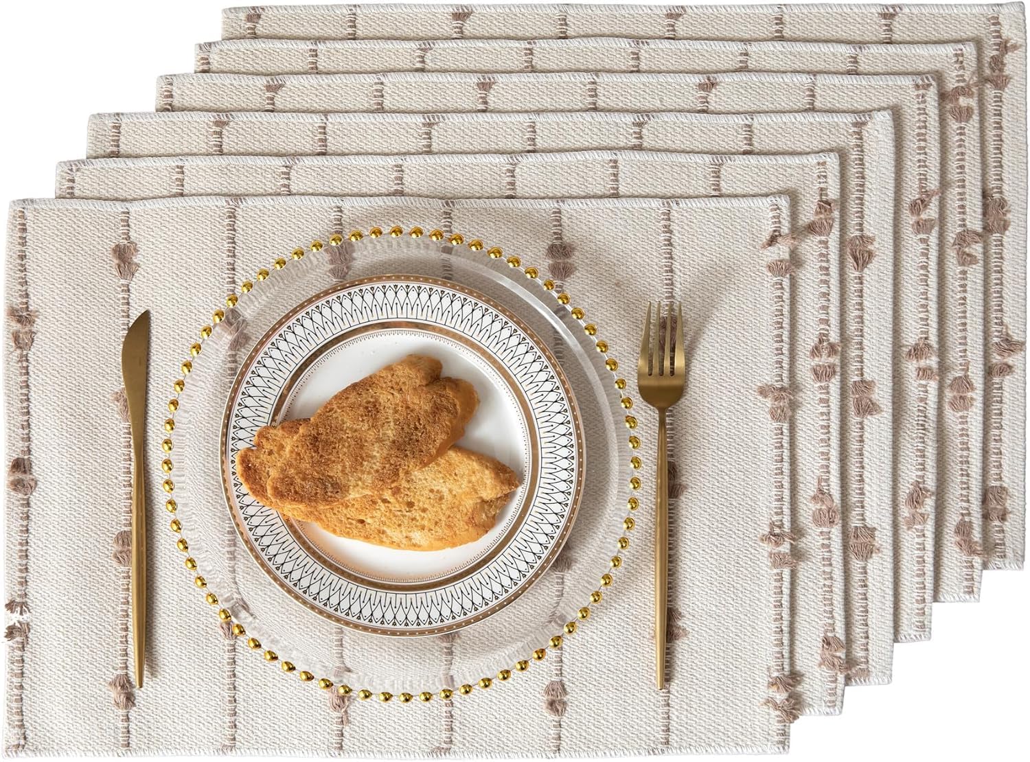 ALSTONIA Handmade Cotton Dining Table Placemats | Heat Resistant Dining Table Place Mats |Kitchen Tabletop|Kitchen Coffee Center Table & Eating Areas (Beige & White, 6 Pcs Placemats)-image-28