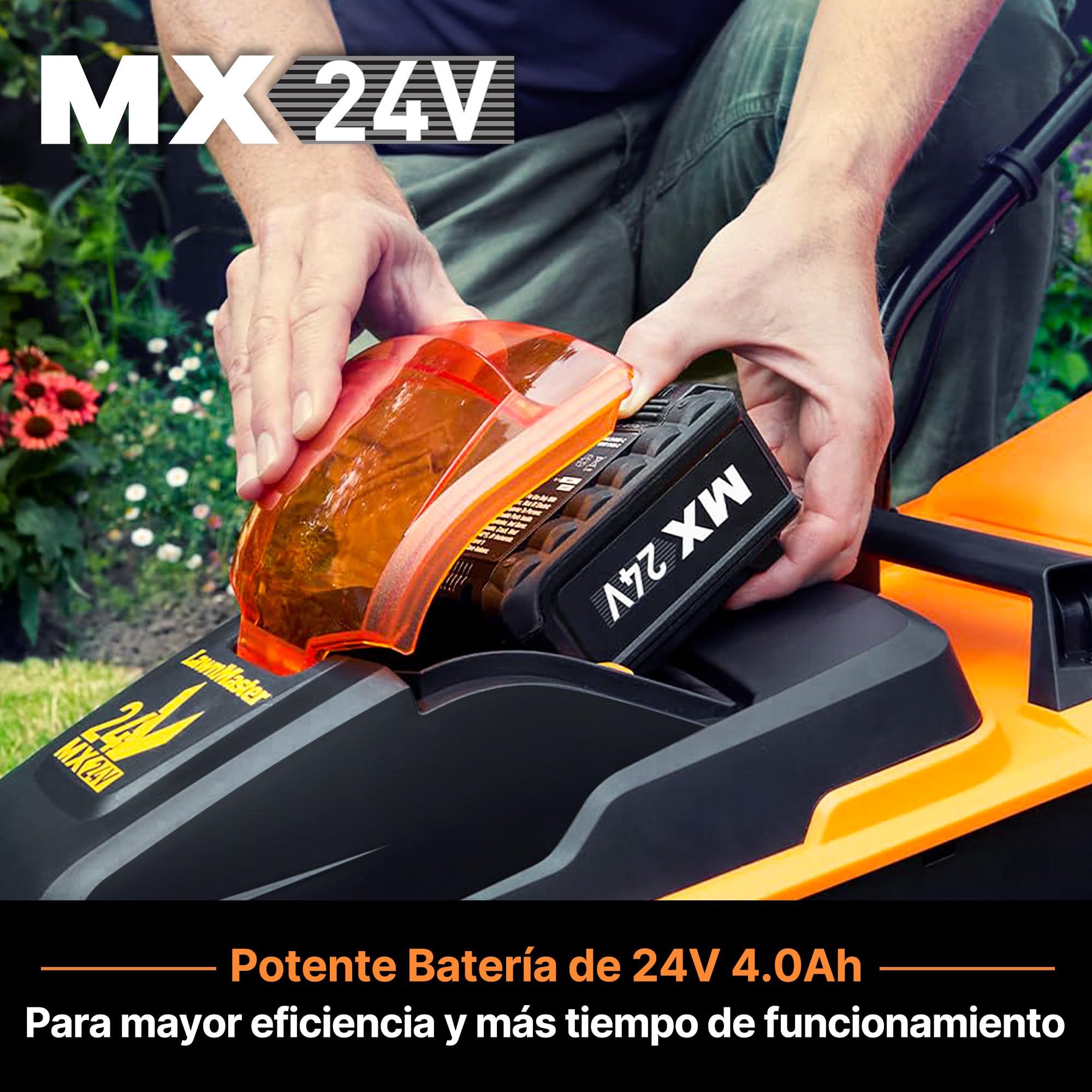 LawnMaster CLM2432K Cortacésped de cortacésped 24V 32 cm de Ancho de Corte, 150 m², Altura de Corte 25-65mm, Incluye batería de 4,0 Ah + Cargador