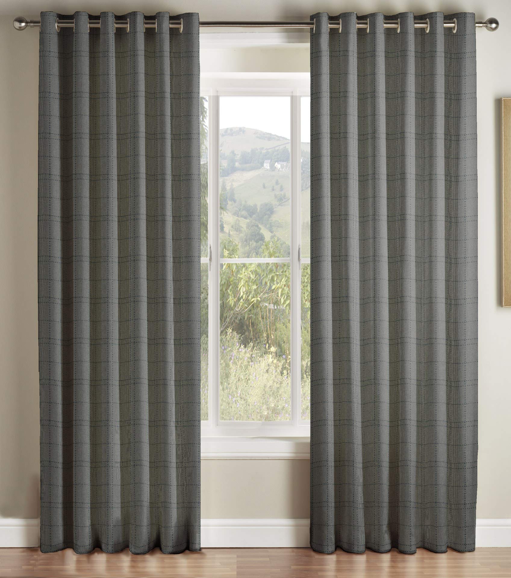 Amania Trading LtdOne Pair Of TRULIVING CAMBELL Checked Eyelet Header Lined Curtains - INDIGO - 66" W x 90" D